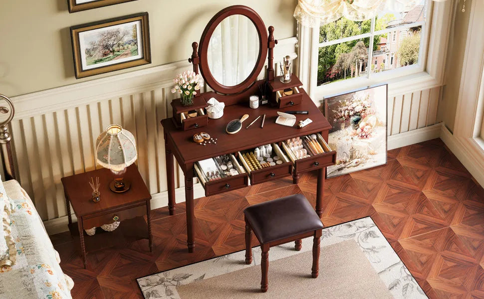 Vanity Desk with Adjustable Angle Mirror, Vintage Vanity Makeup Table and Cushioned Stool Set with Velvet Fabric Lining 5 Drawers,Wooden Dressing – view 17