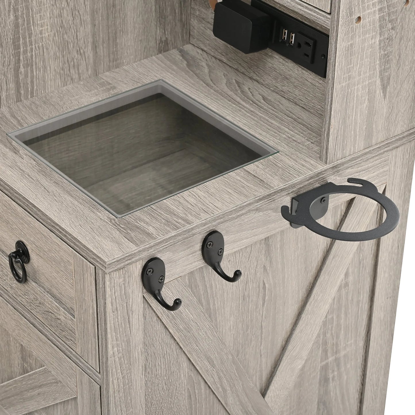 Farmhouse Vanity Desk with Sliding Mirror and Lights, Vanity Set with Glass Top and Charging Station ,Dressing Table with 4 Drawers and 2 Cabinets – view 17