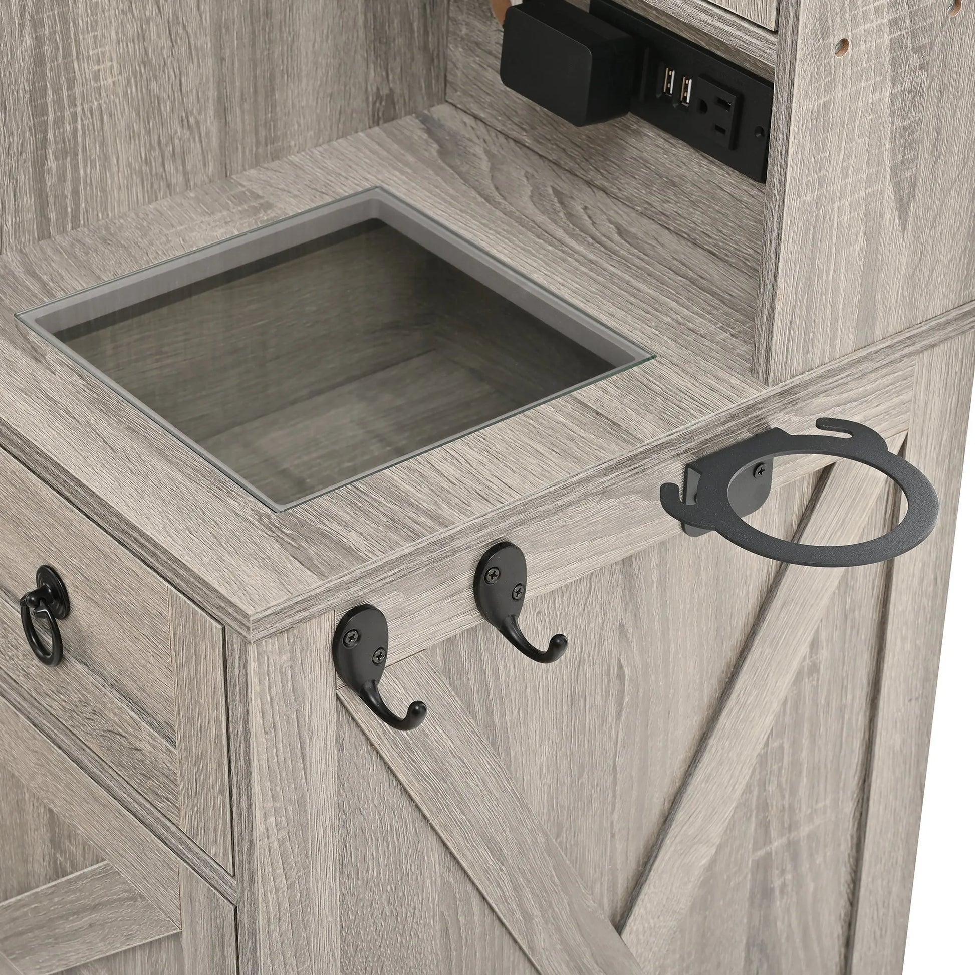 Farmhouse Vanity Desk with Sliding Mirror and Lights, Vanity Set with Glass Top and Charging Station ,Dressing Table with 4 Drawers and 2 Cabinets – view 17