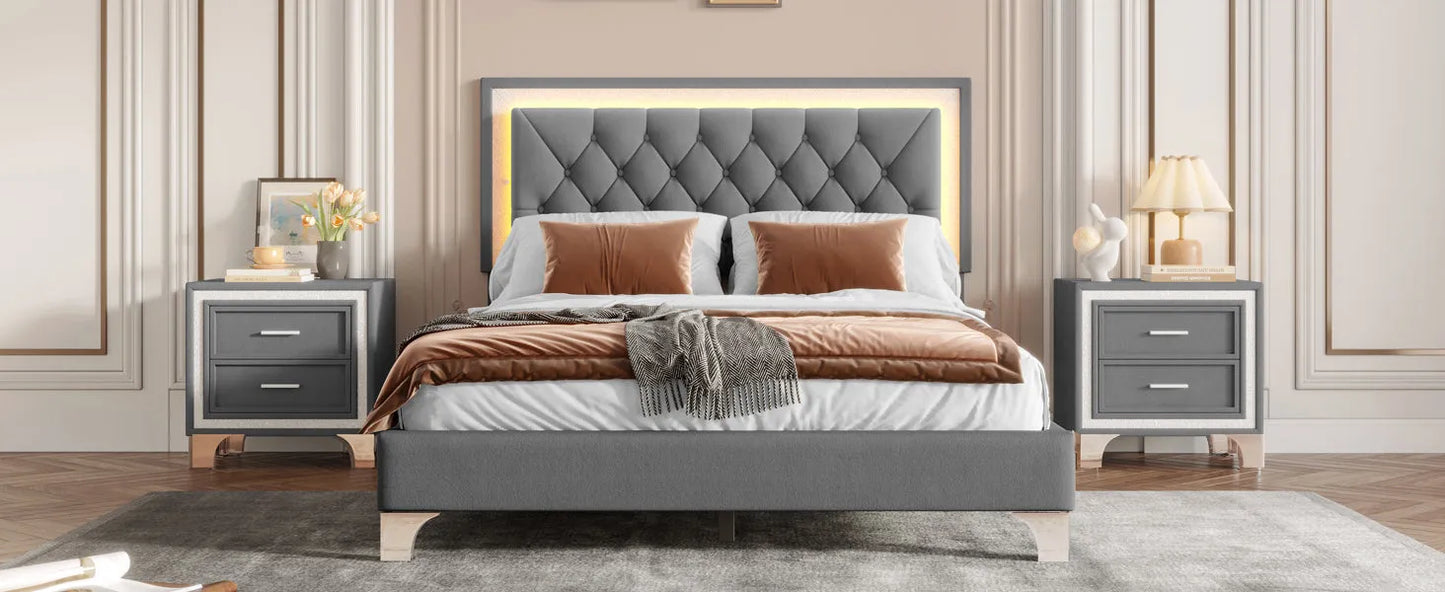 3-Pieces Bedroom Sets,Queen Size Upholstered Platform Bed with LED Lights and Two Nightstands-Gray – view 17