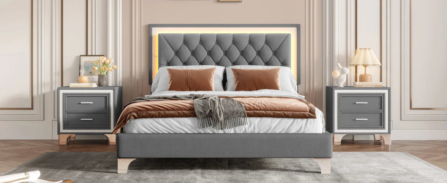 3-Pieces Bedroom Sets,Queen Size Upholstered Platform Bed with LED Lights and Two Nightstands-Gray – view 17