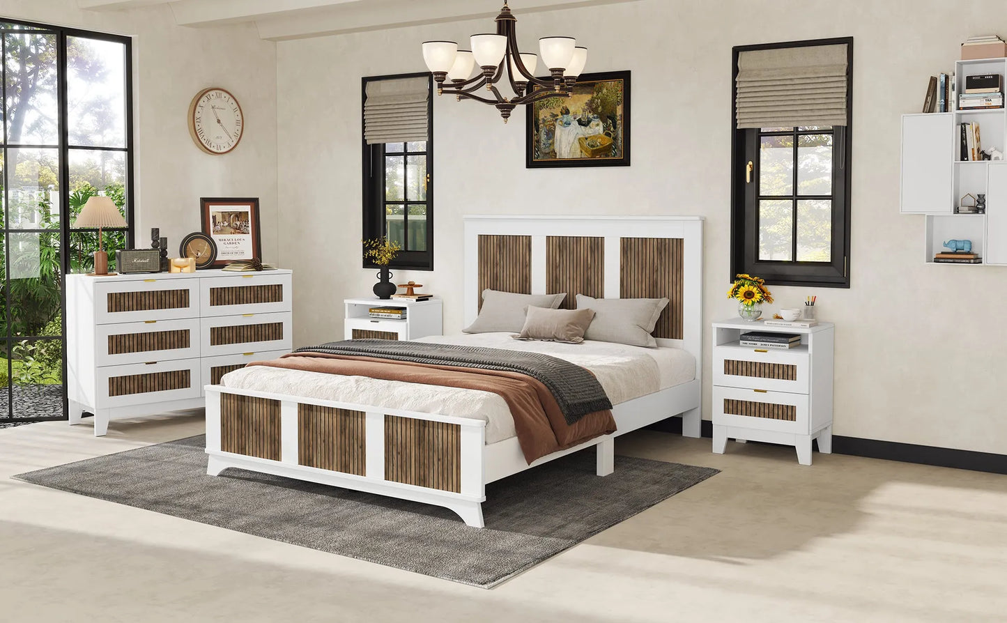 4-Pieces Bedroom Sets, Queen Size Farmhouse Platform Bed with Wooden Strip Stickers Decoration, Storage Nightstand and Dresser with Metal Handle – view 17
