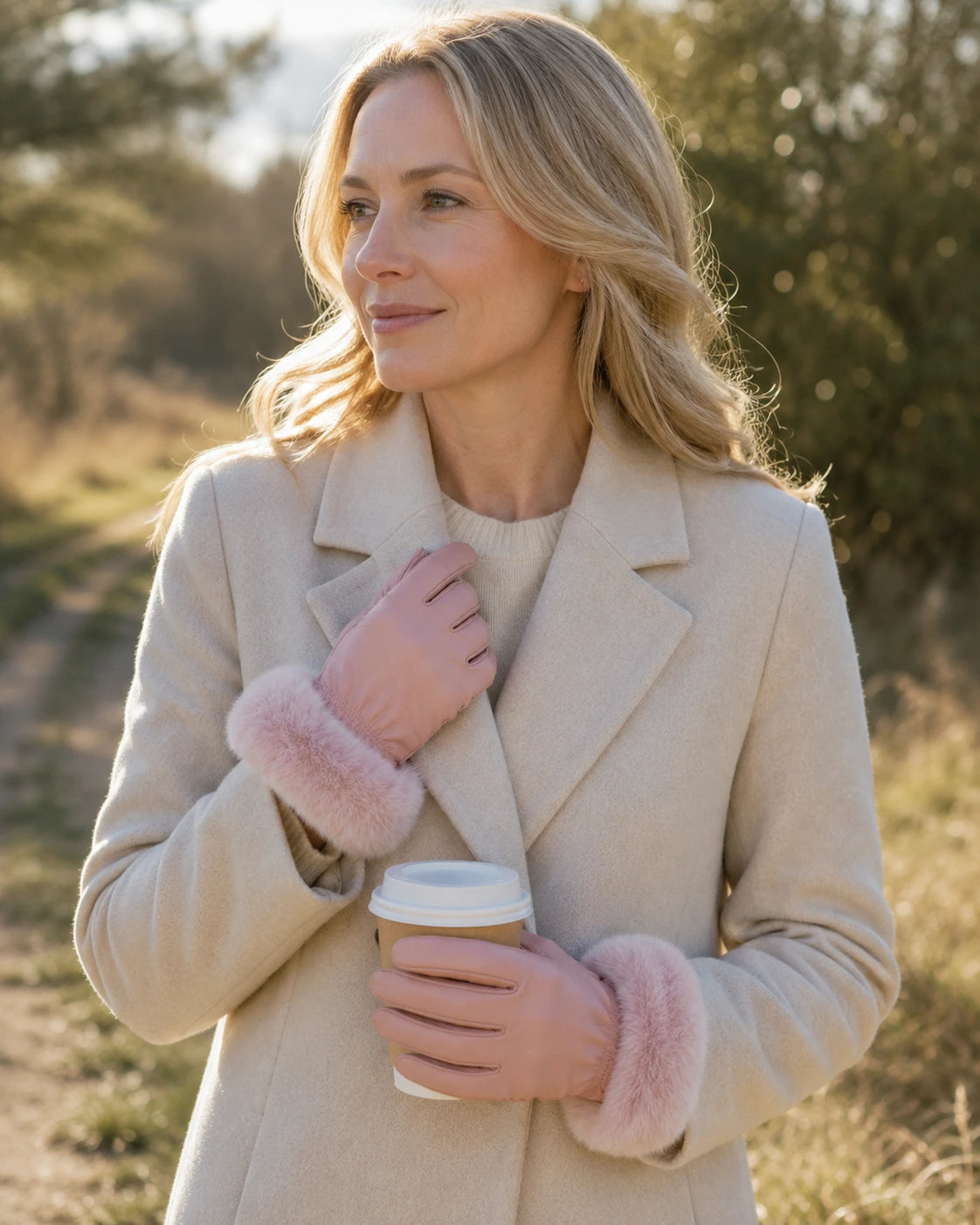 Woman wearing rose pink leather fur-cuff gloves outdoors in winter