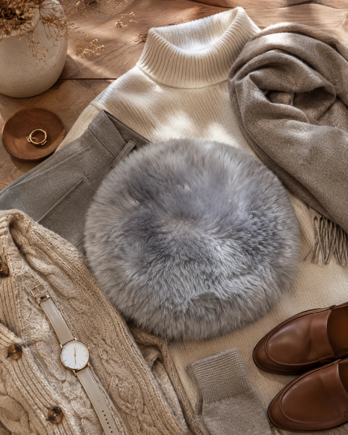 Silver Gray genuine long-wool sheepskin round chair pad with neutral wardrobe pieces