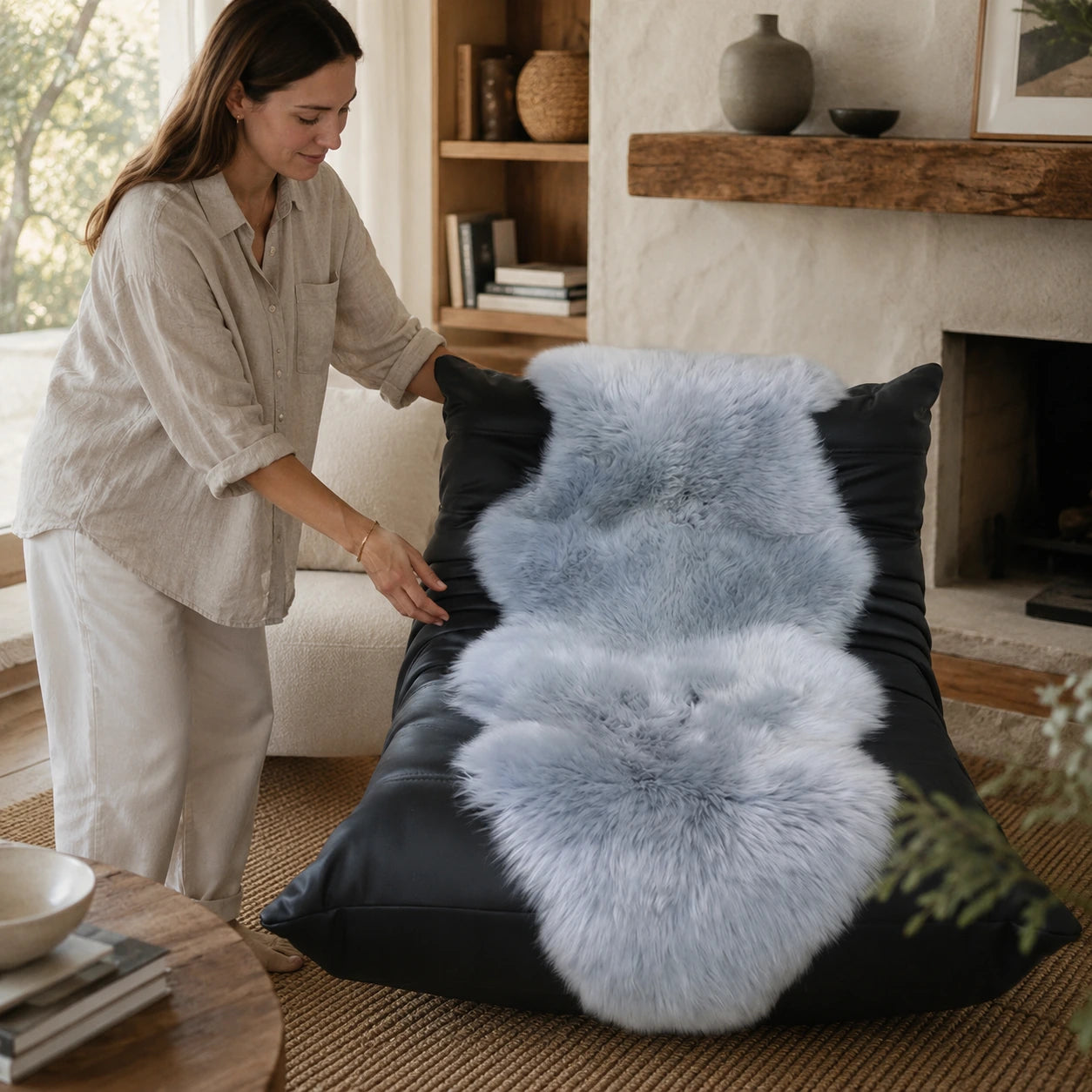 Silver Gray genuine Australian sheepskin rug styled on a fireplace chair