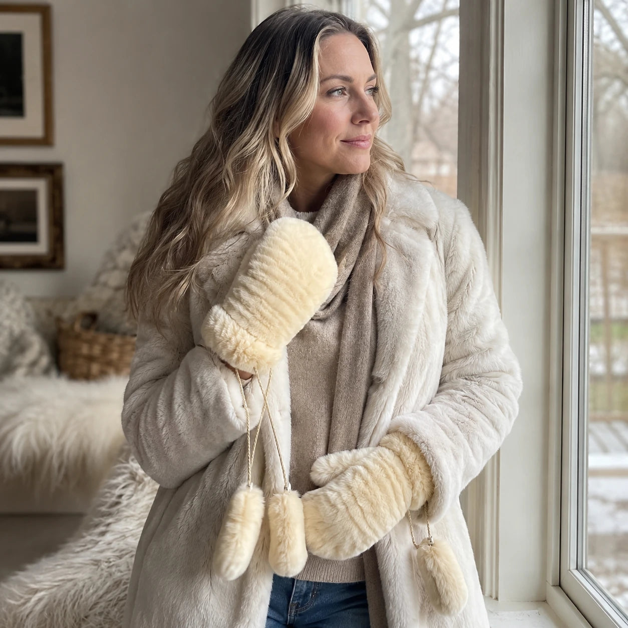 Soft Apricot genuine Rex rabbit fur knit mittens worn by a woman