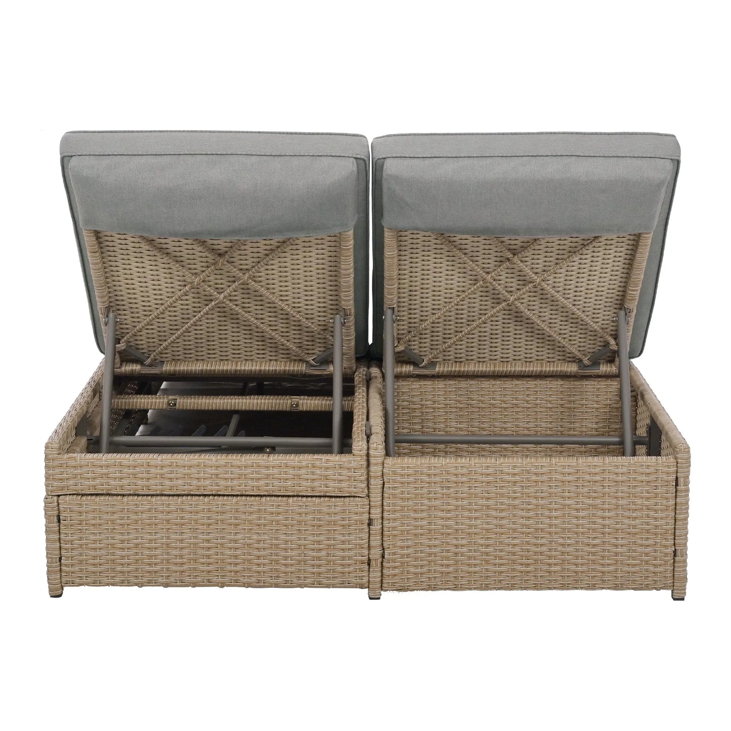 Outdoor Double Sunbed, Wicker Rattan Patio Reclining Chairs with Adjustable Backrest and Seat, Conversational Set for 2 Person, Brown – view 17