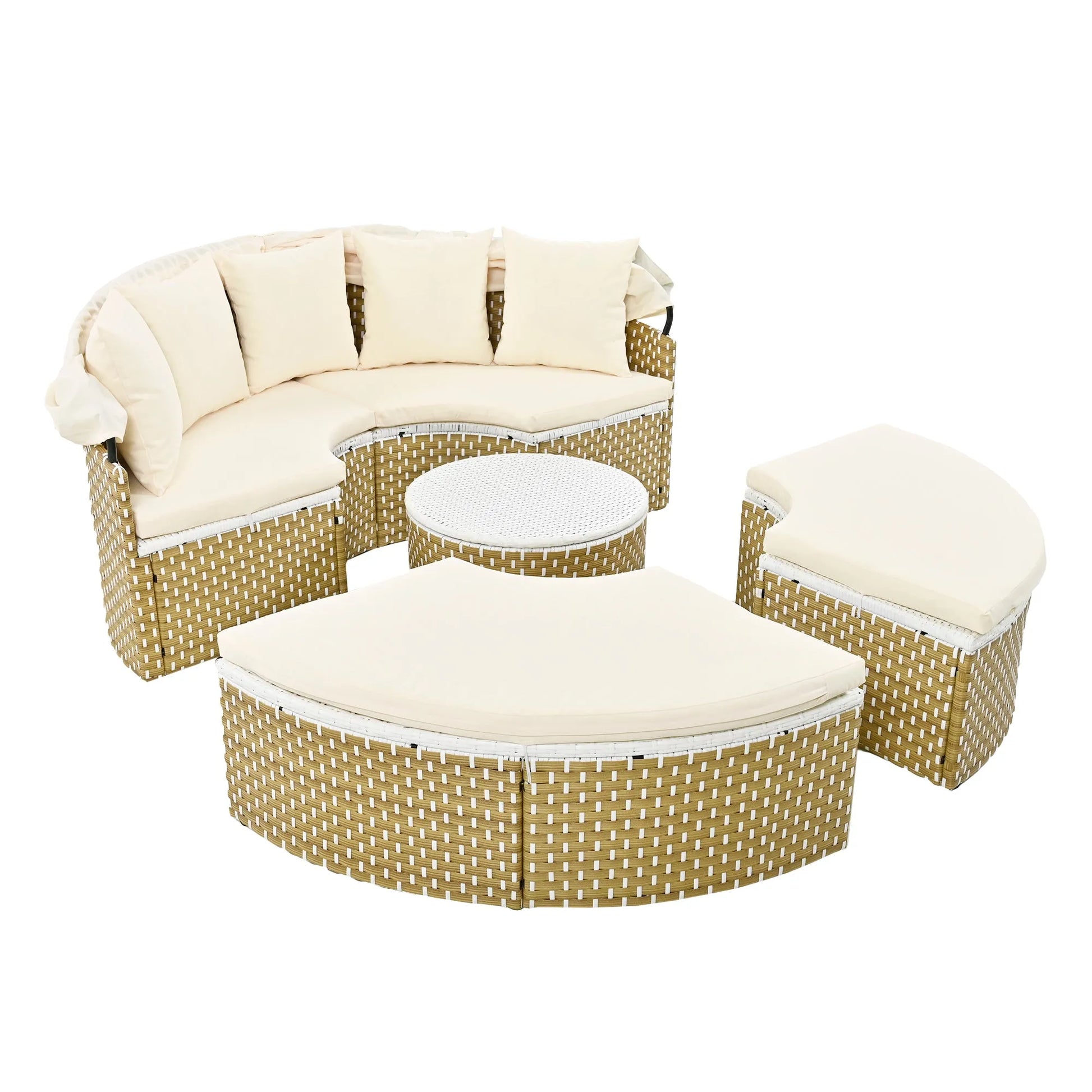 Patio Furniture Round Outdoor Sectional Sofa Set Rattan Daybed Two-Tone Weave Sunbed with Retractable Canopy, Separate Seating and Removable Cushion – view 17