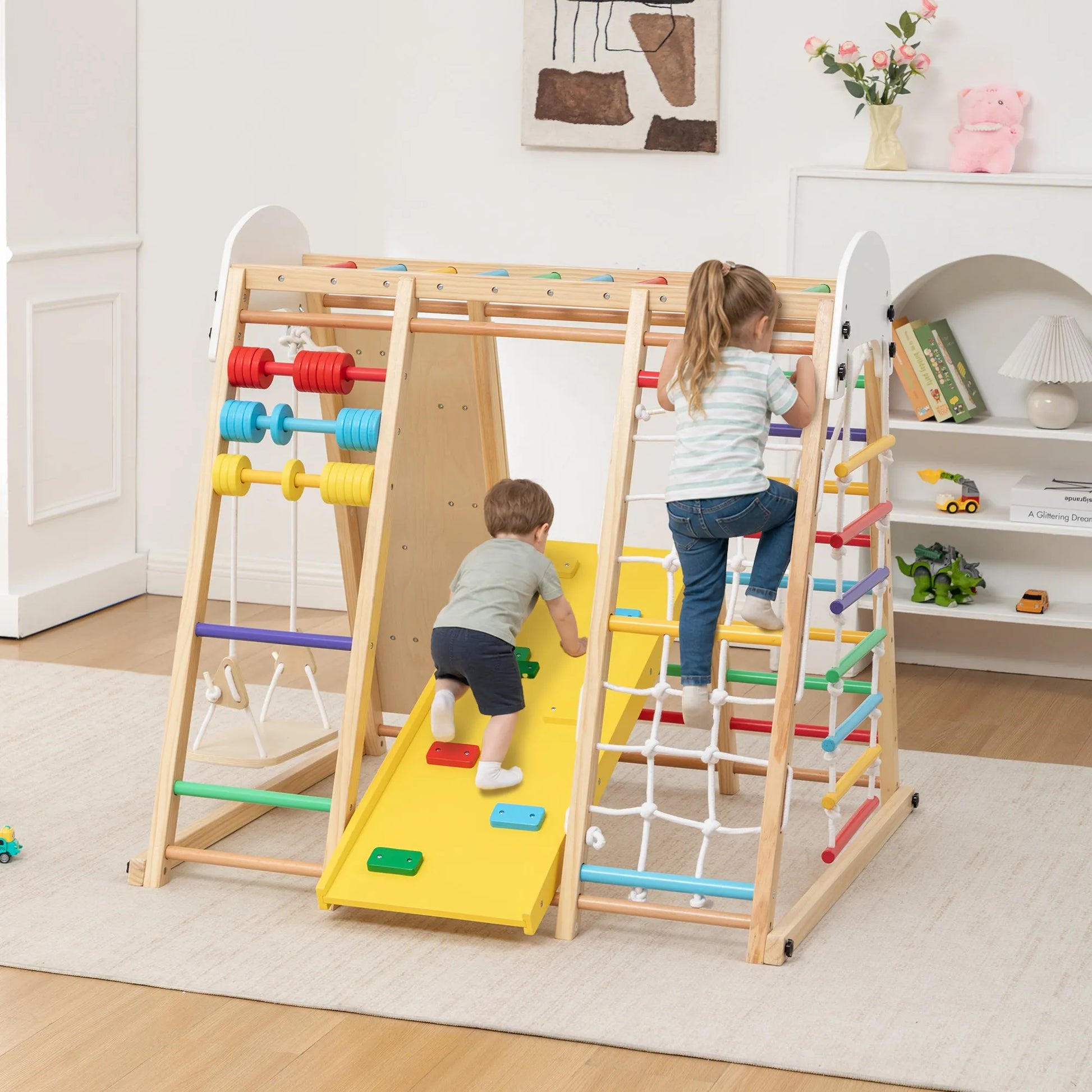 9-in-1 Foldable Kids Climbing Frame & Slide, Wooden Toddler Playground with Swing, Monkey Bars, Climbing Rock, Abacus Game – Indoor Outdoor Playset – view 17