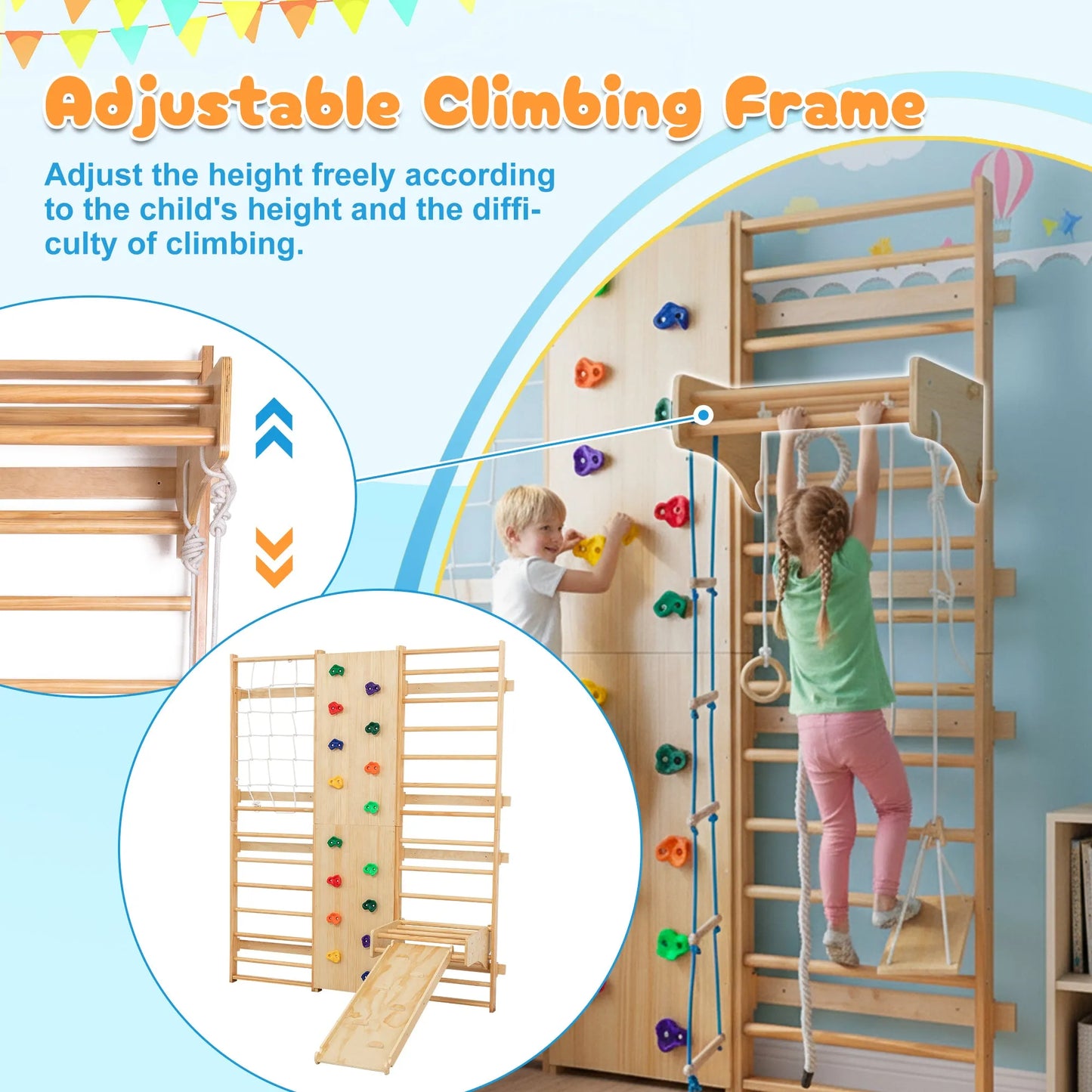 All-in-One 10-in-1 Indoor Climbing Set - Featuring a Rock Climbing Wall, Wooden Swings, Gymnastic Rings, Rope Ladders, and Stretching Equipment for a – view 17