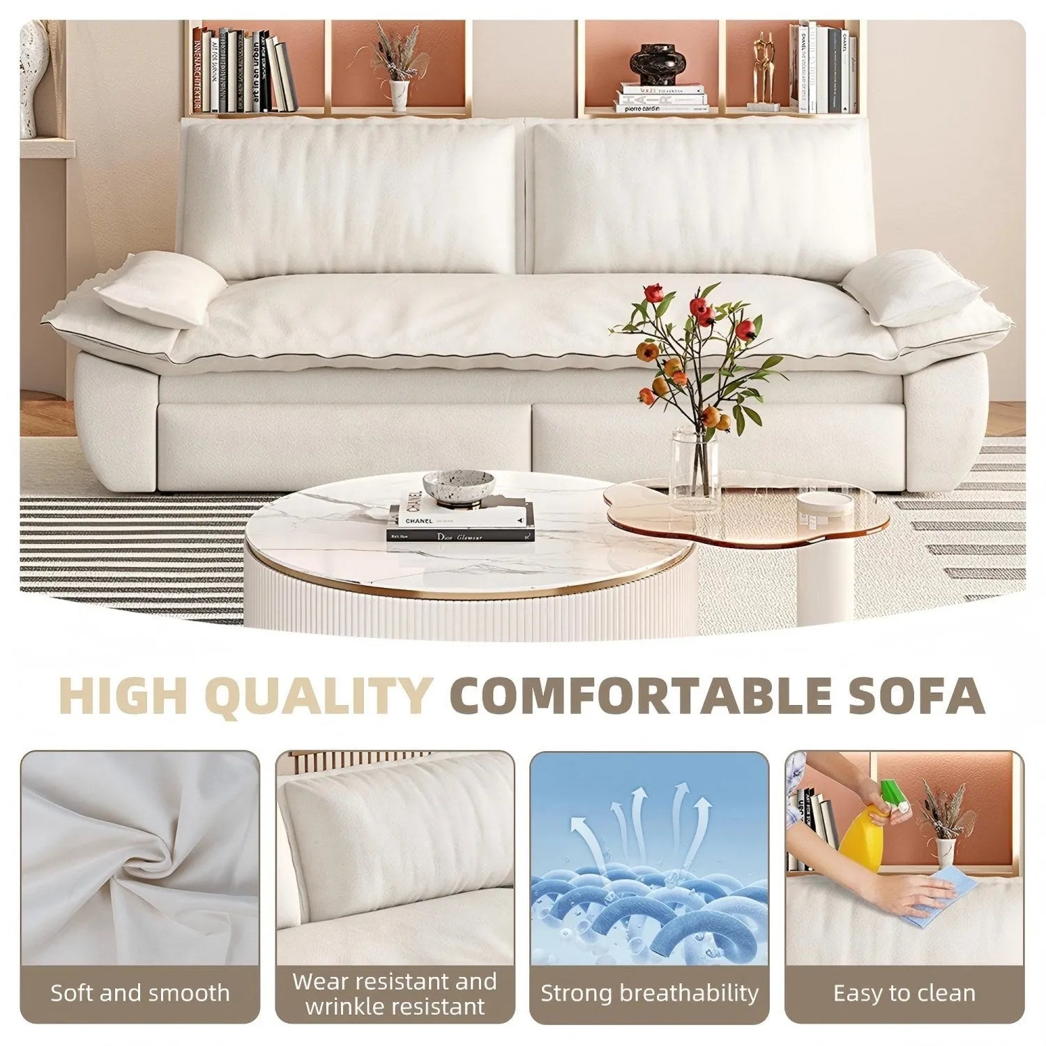 73.2'Queen Pull Out Sofa Bed,3-in-1 Convertible Sleeper Sofa,Multi-Functional Velvet Loveseat Bed,Beige/White – view 17