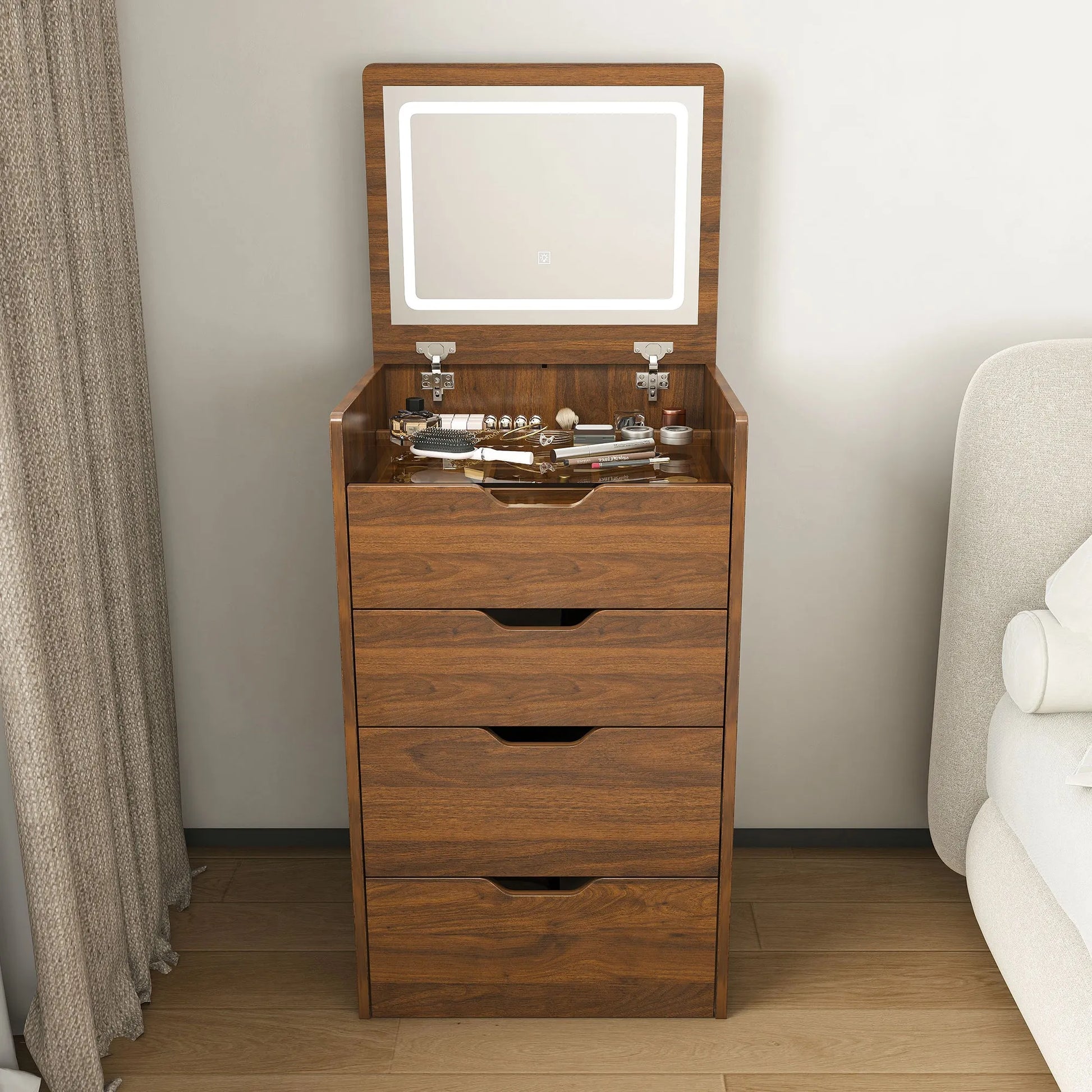 3-in-1 Vanity Desk with Lighted Mirror & Stool, Flip Top Makeup Dressing Table in Walnut Finish, Compact Storage for Bedroom, Bathroom, or Dressing – view 17