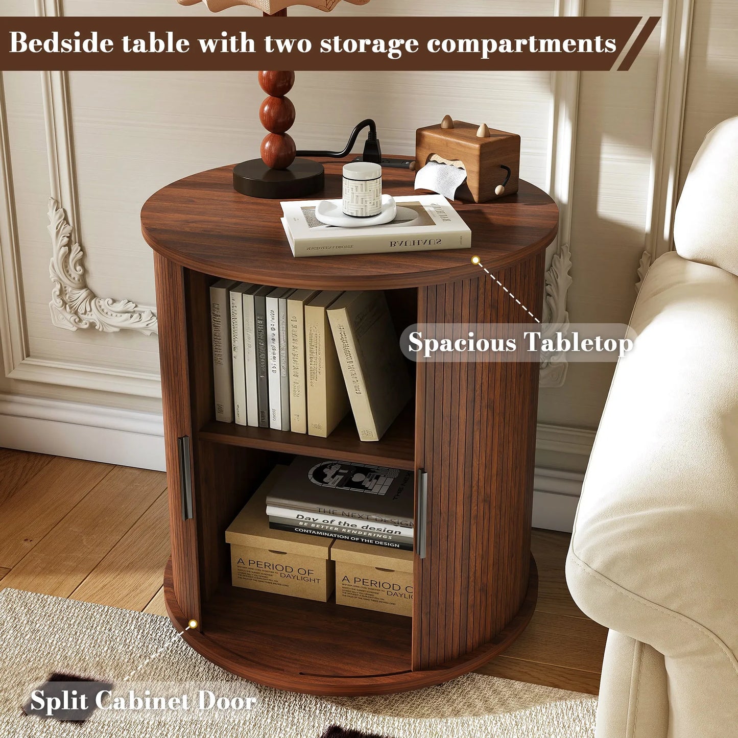 Mid Century Modern Cylinder End Table with Built-in Charging Station & Sliding Door, 2-Tier Storage Round Nightstand with USB Ports, Walnut Bedside – view 17