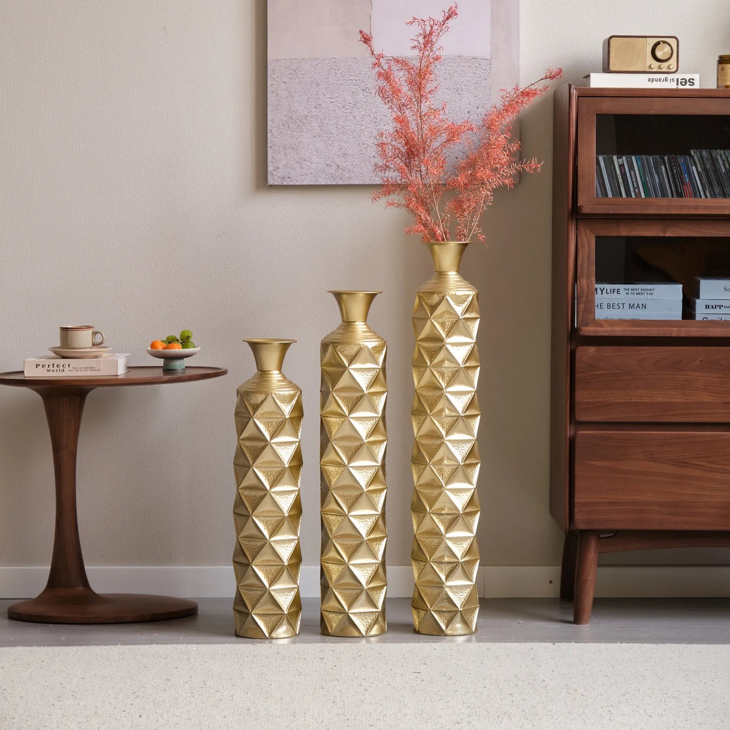 Metal Decorative Vase High Distress Metal Center Vase With 3D Triangle Pattern, Set Of 3 Vases for Home Decoration 33.5', 29.5', 25.2'High, Gold – view 17