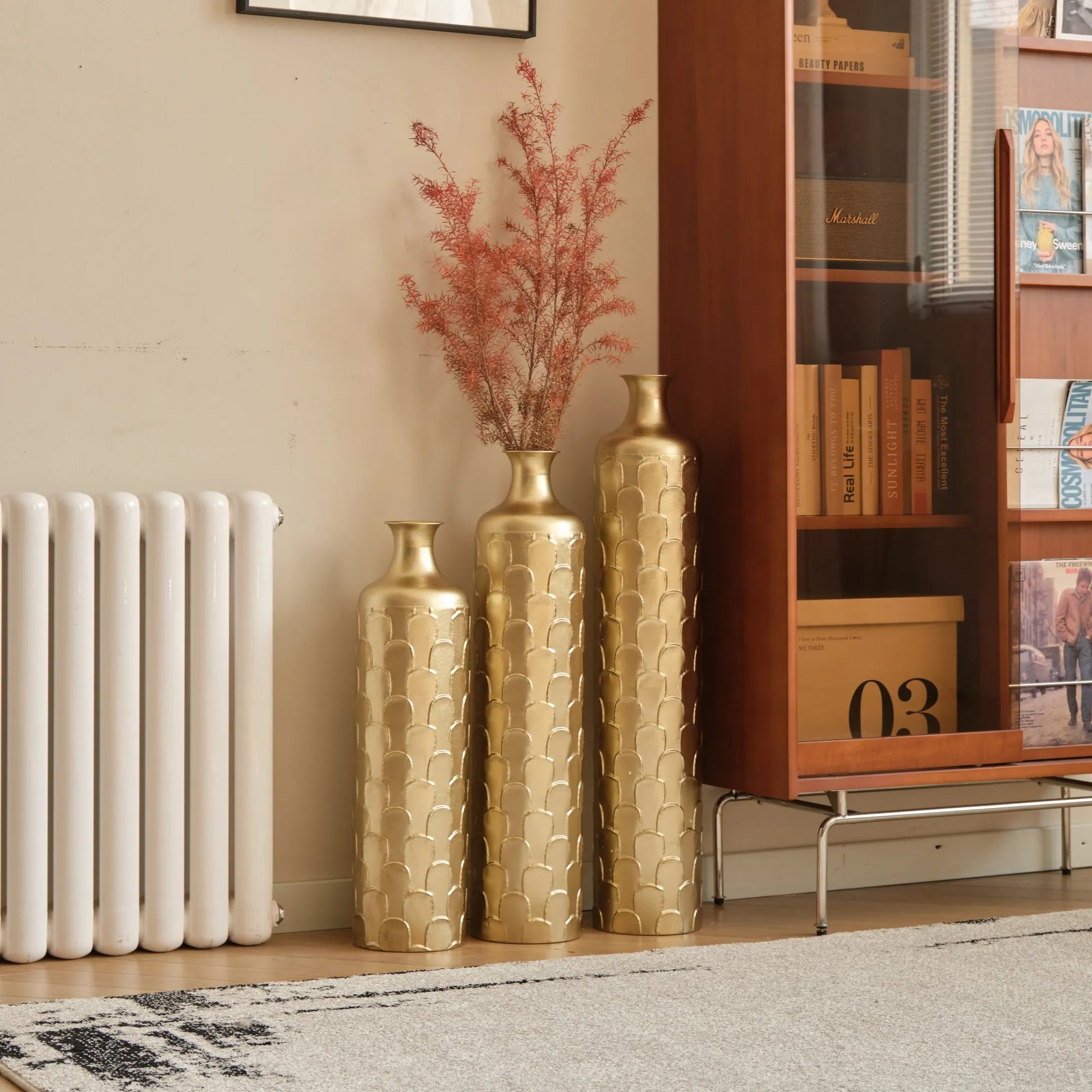 Floor Metal Vases Decorated White Metal Vases Set of 3 Gorgeous Home Decoration Large Glazed Metal Vases 25.2in/29.33in/34.25in Height – view 17