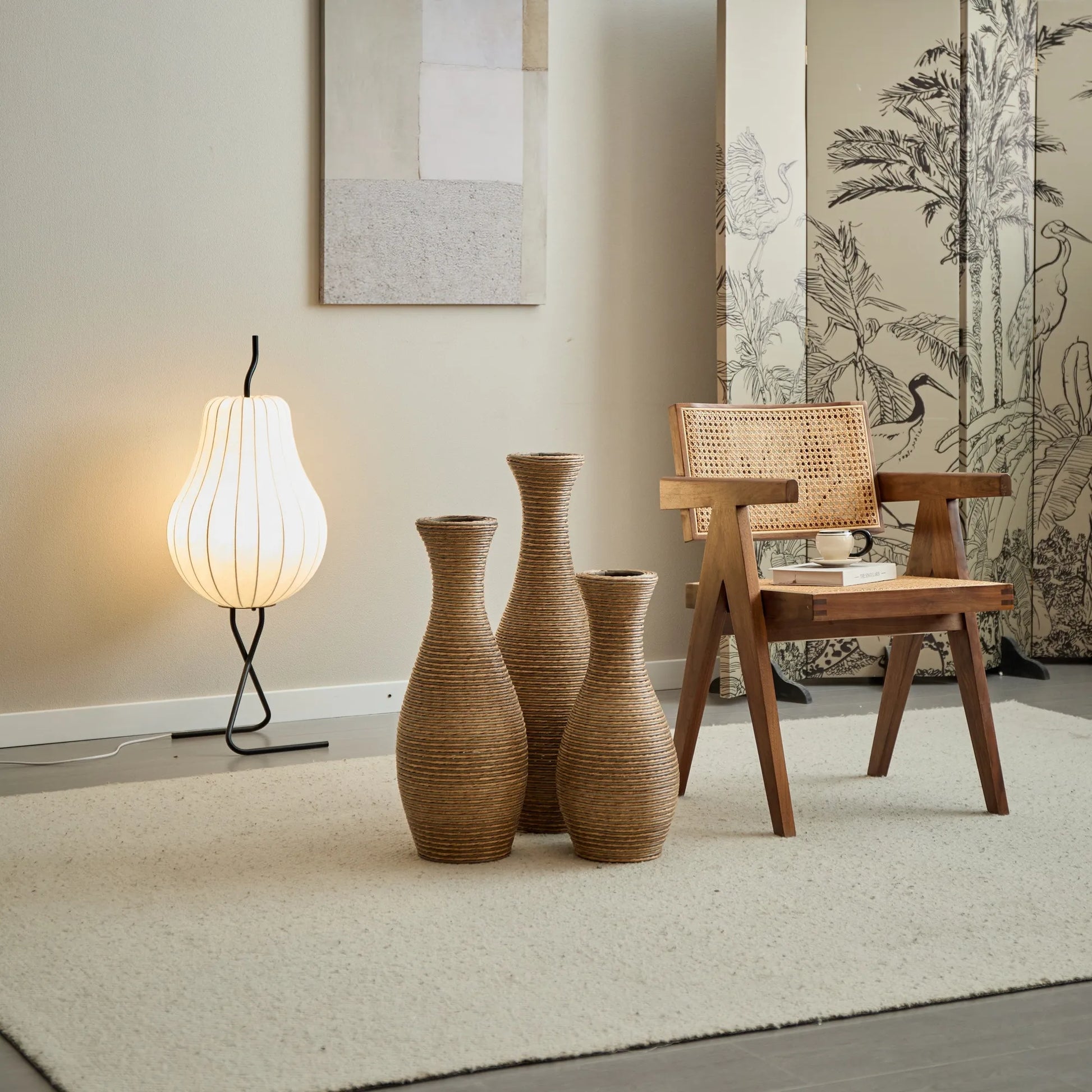 3-Piece Artificial Rattan Floor Vase Set – Decorative Accent for Living Room, Hallway & Entryway, Ideal for Dried or Silk Flower Arrangements, Beige – view 17
