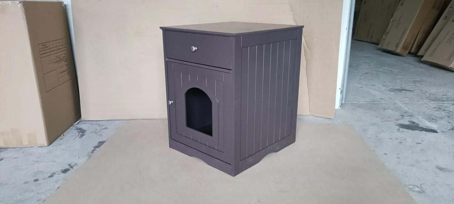 Brown Wooden Pet House Cat Litter Box Enclosure with Drawer, Side Table, Indoor Pet Crate, Cat Home Nightstand – view 17