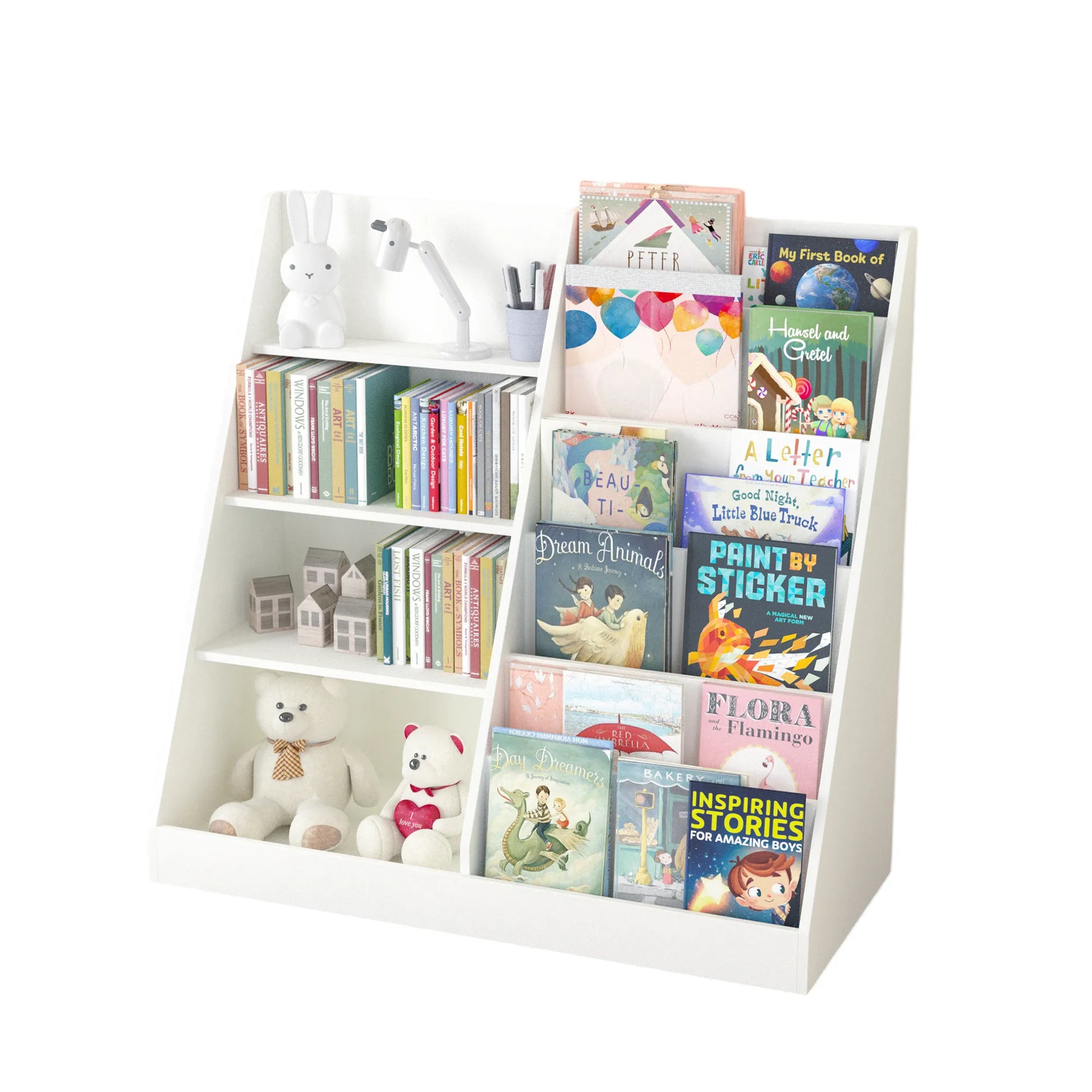 Kids Bookshelf and Toy Storage Organizer, Multifunctional 4-Tier White Wooden Bookcase with Toy Bin for Nursery, Playroom, or Kids Room – view 17