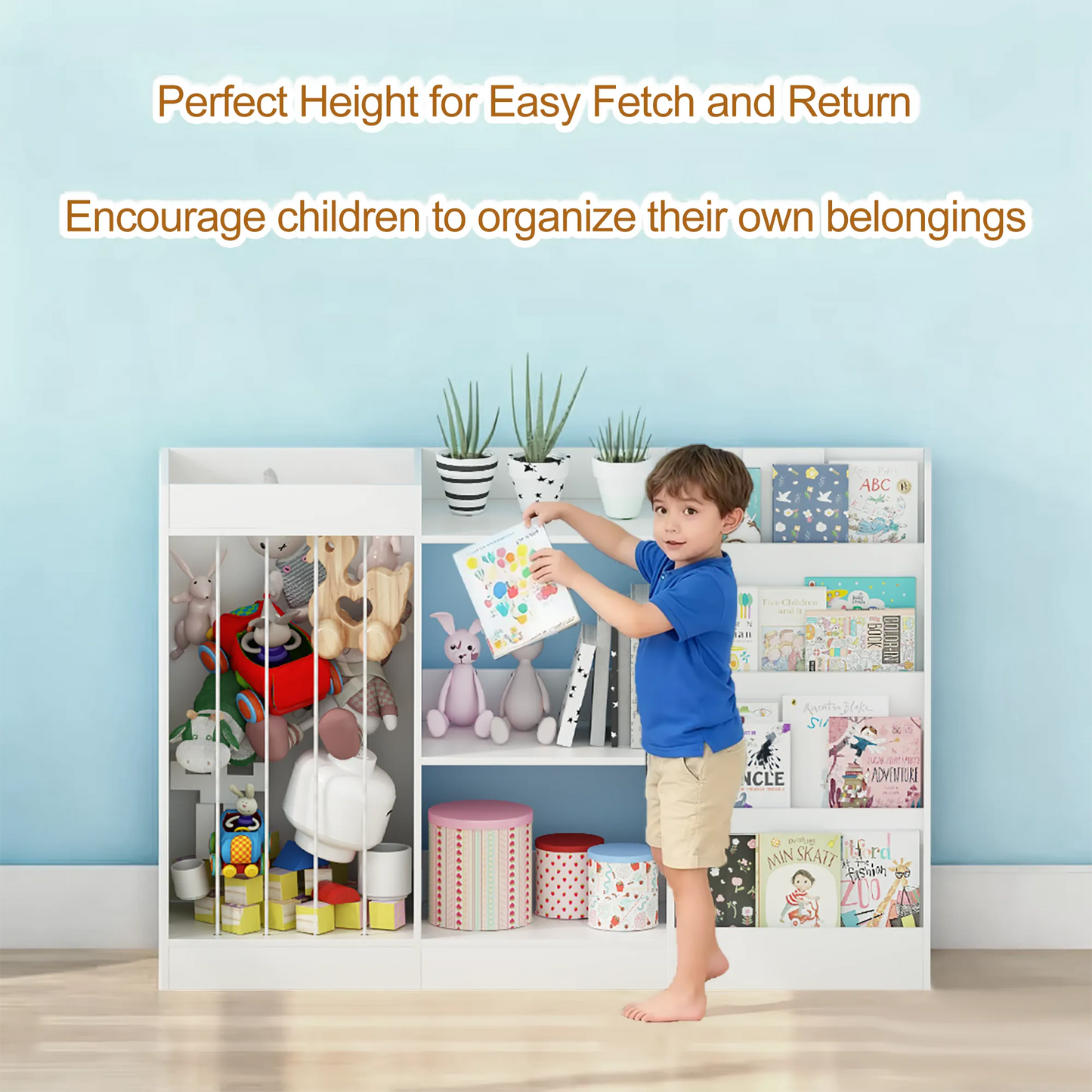 3-in-1 Kids Bookshelf and Toy Storage, 4-Tier Book Shelf for Kids Rooms, Sling Baby Bookcase with Stuffed Animal Storage, Toddler Montessori – view 17