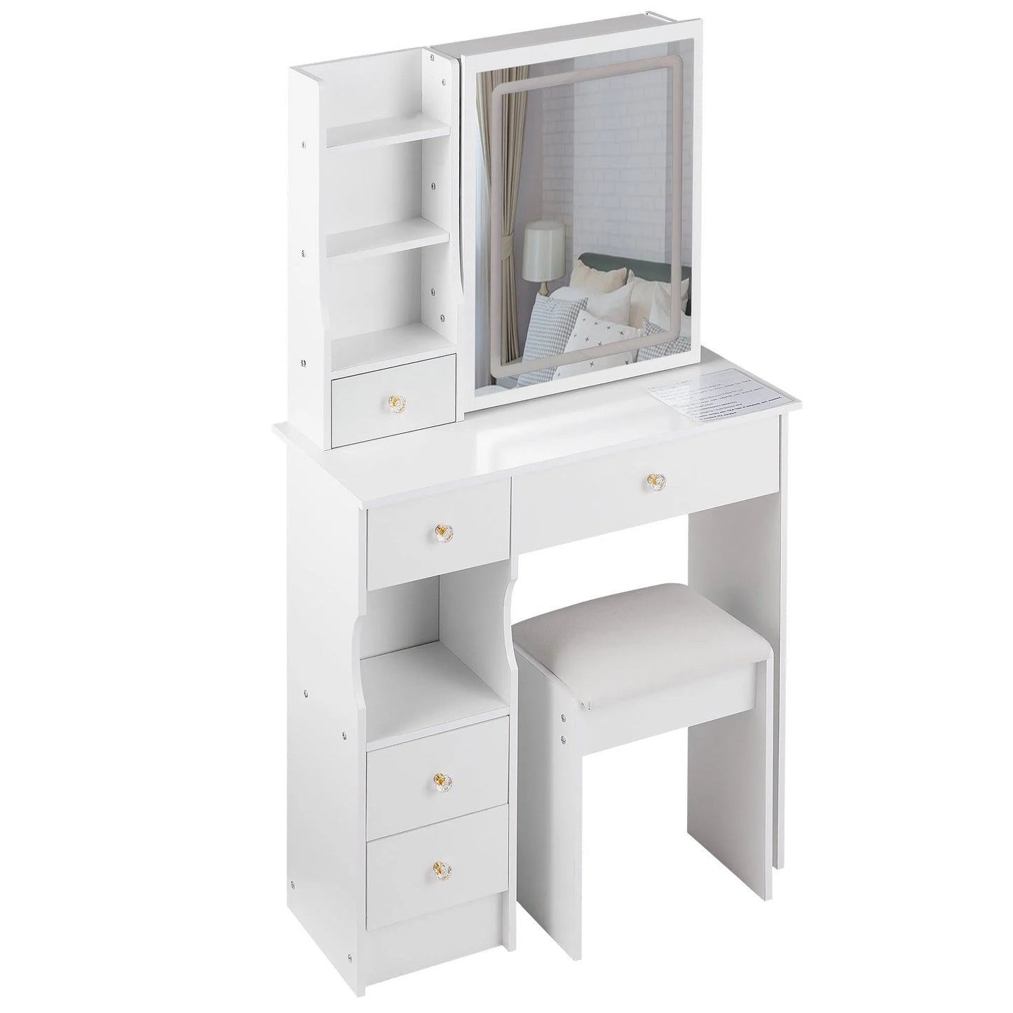 29.2' Small Size Left Drawer Desktop Vanity Table + Cushioned Stool, Large Sliding, Touch Control, Tri-color Switching, Brightness Adjust LED Mirror – view 17