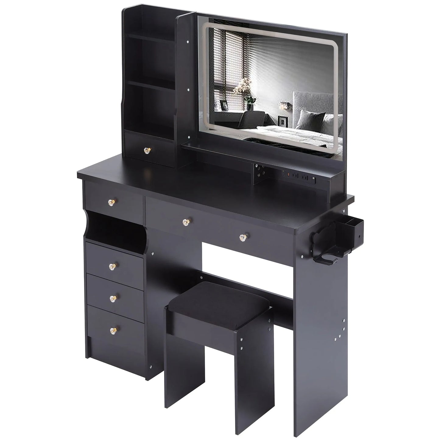 41' Large Size Left Drawer Desktop Vanity Table+Cushioned Stool Dresser Set, 2 AC+2 USB Power Station, Hair Dryer Stand, Extra Large Touch Control – view 17