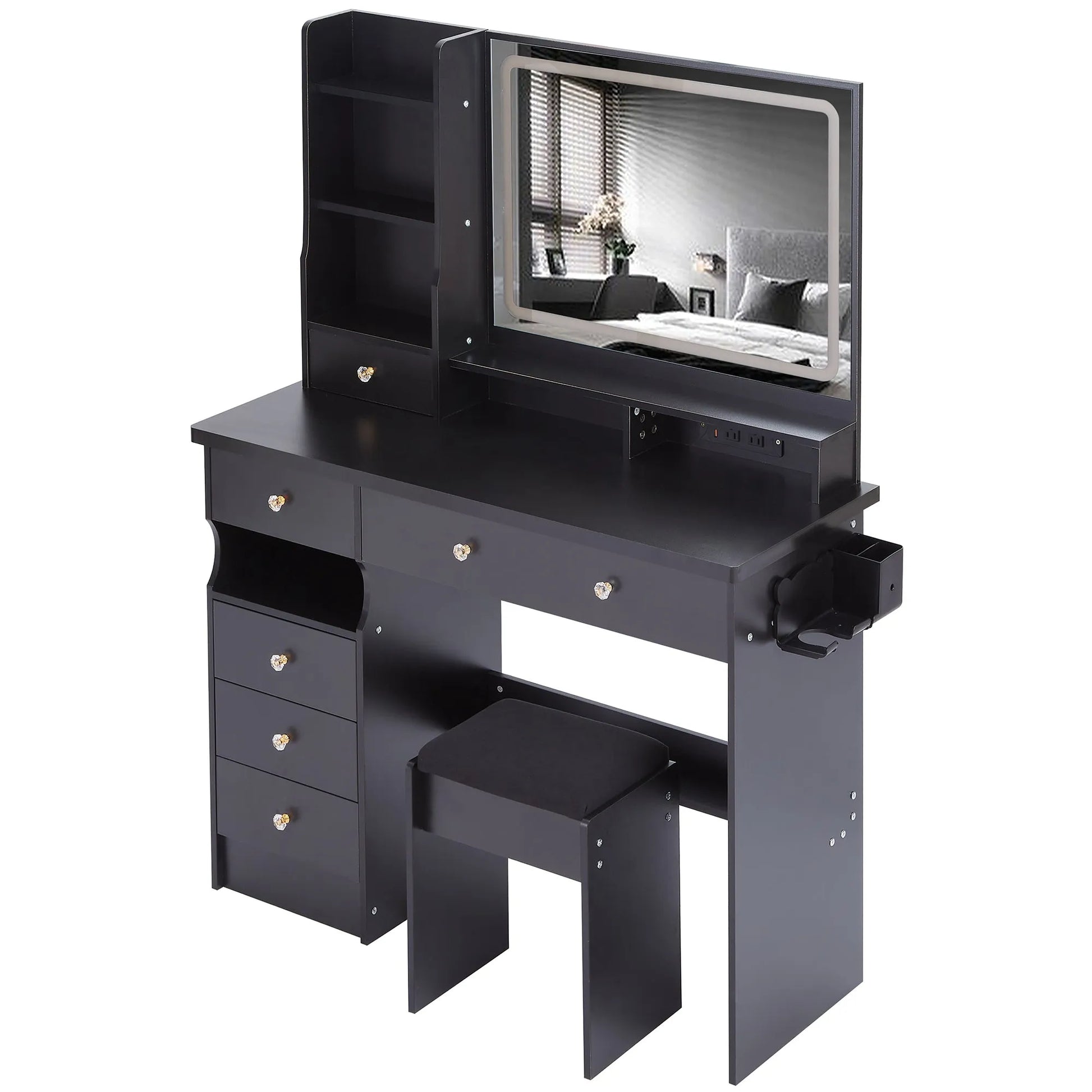 41' Large Size Left Drawer Desktop Vanity Table+Cushioned Stool Dresser Set, 2 AC+2 USB Power Station, Hair Dryer Stand, Extra Large Touch Control – view 17