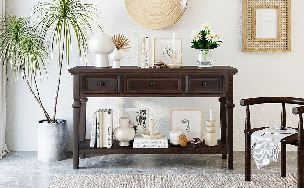 Classic Retro Style Console Table with Three Top Drawers and Open Style Bottom Shelf, Easy Assembly (Espresso) – view 17