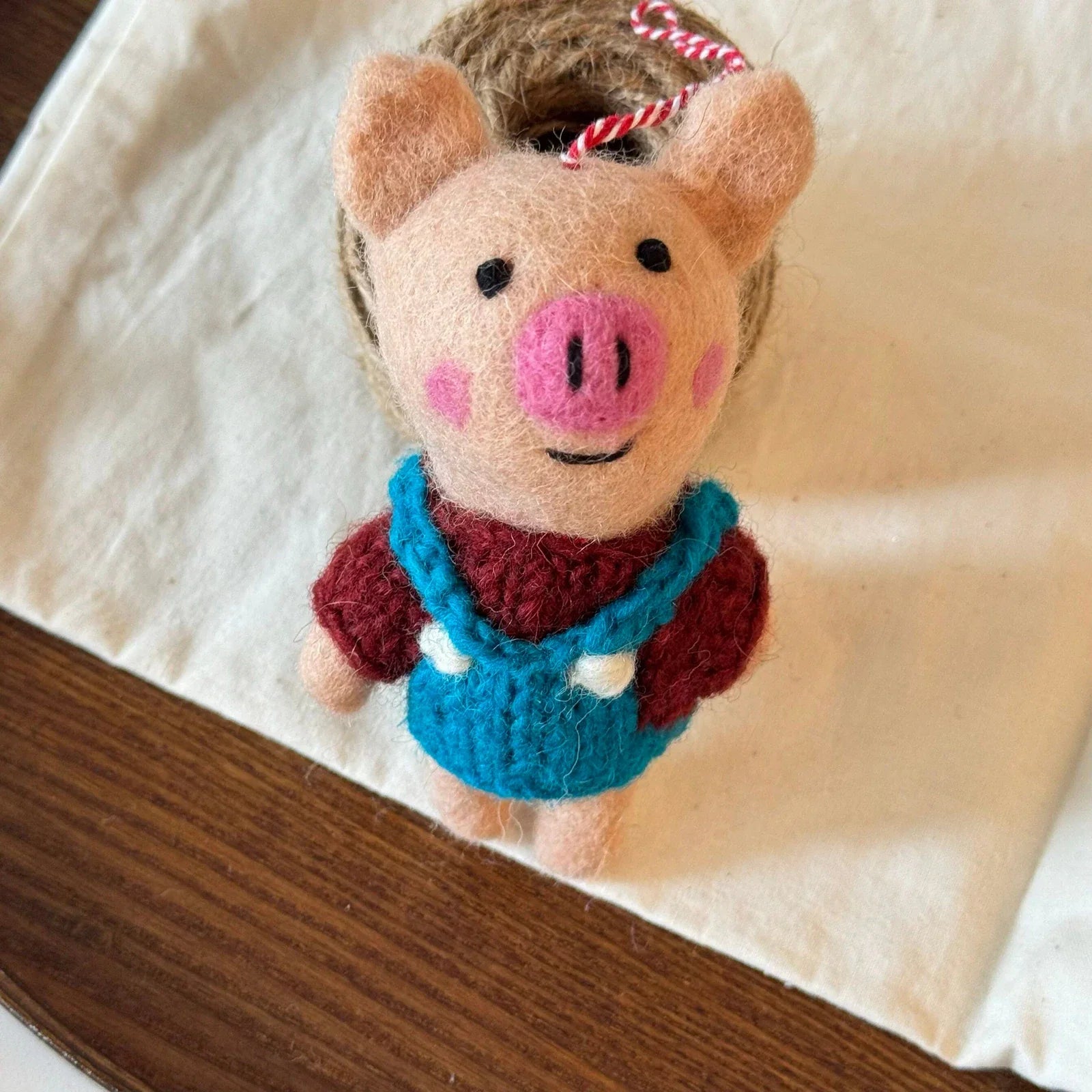 Pig in Overalls handmade wool felt bag charm and keychain
