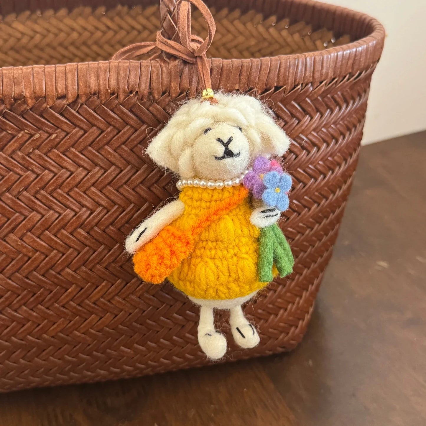 Handmade wool felt sheep bag charm – yellow sheep with backpack