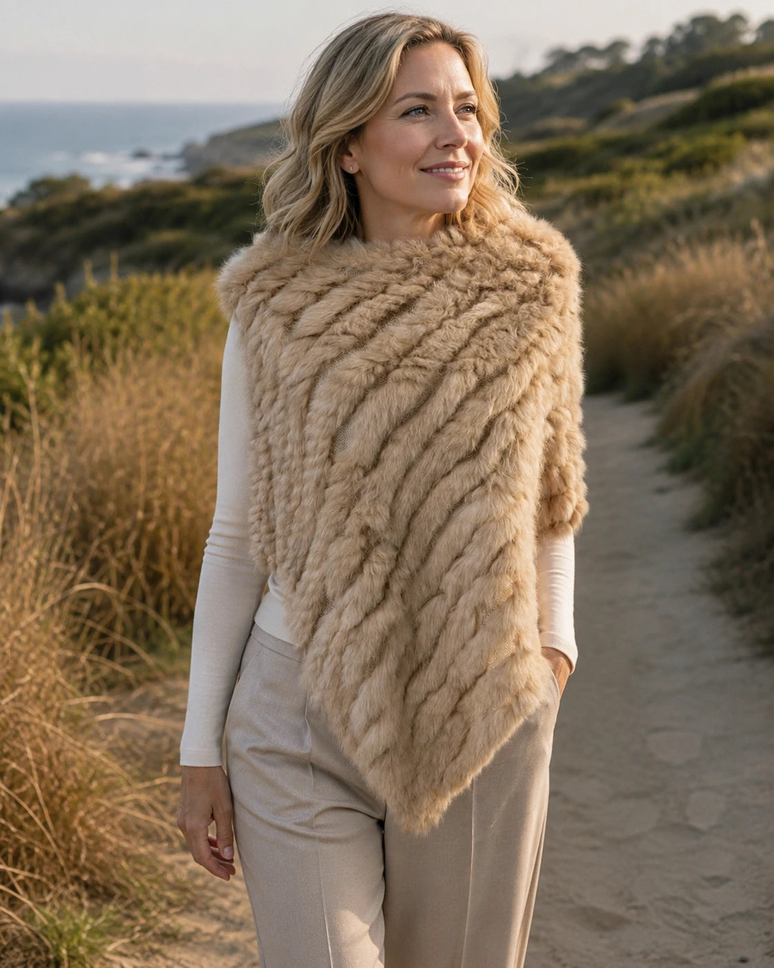Beige rabbit fur knit poncho worn on a dry early-fall path