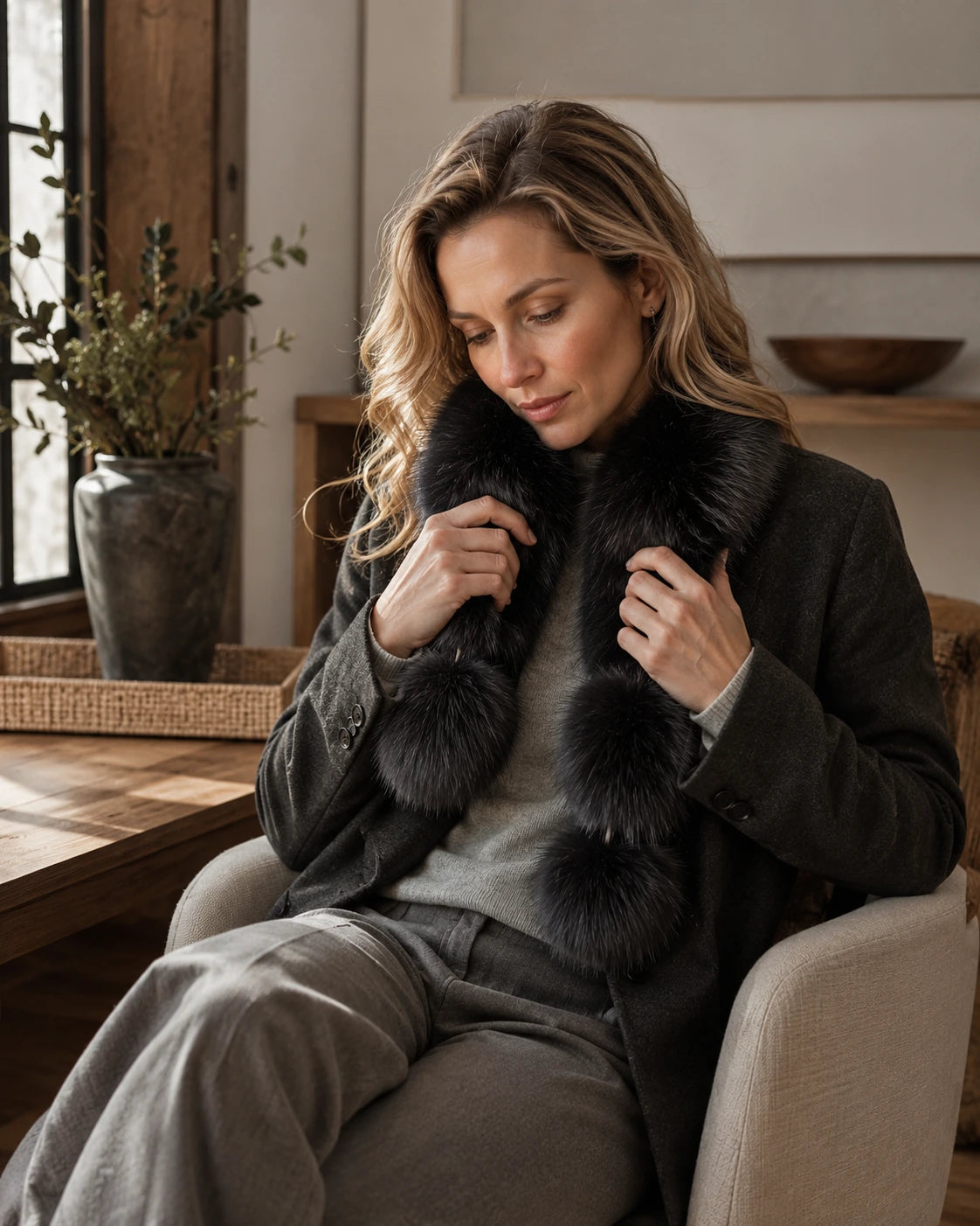 Woman wearing a Black genuine fox fur loop scarf for an evening-ready winter look