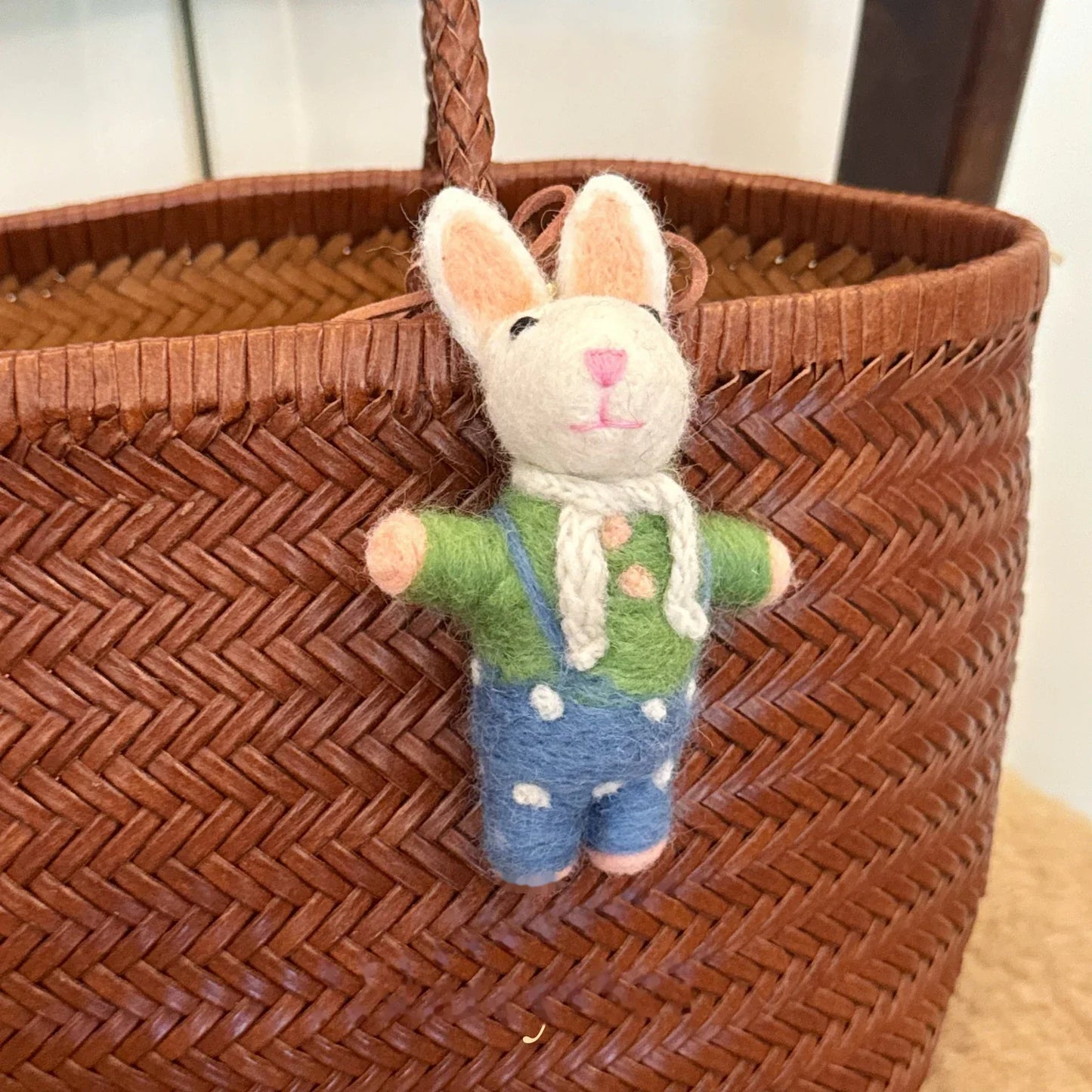 Blue overalls rabbit wool felt charm
