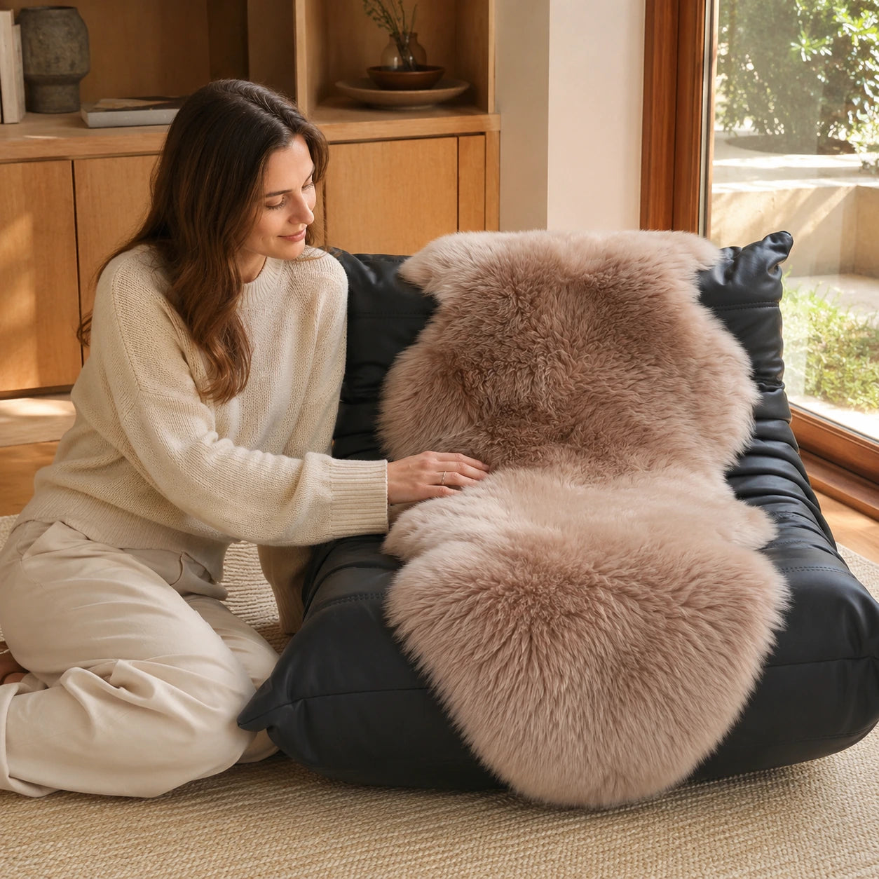 Dusty Rose genuine Australian sheepskin rug in a warm living room