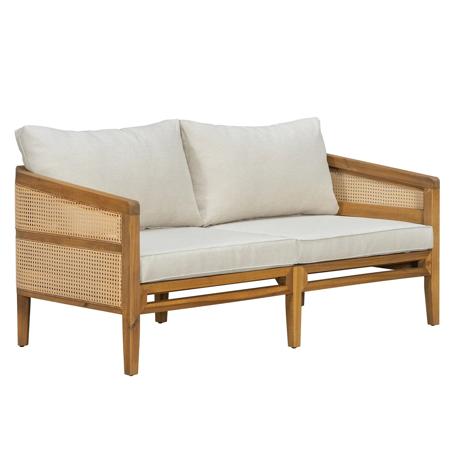 5-Piece Acacia Wood Patio Furniture Set, Modular Outdoor PE Rattan Sofa Set with Loveseat, 2 Armchairs & Round Coffee Table, Water-Resistant Cushions – view 18