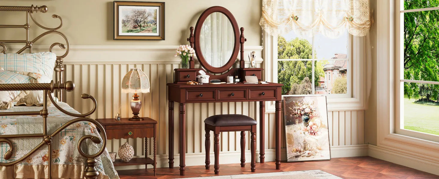 Vanity Desk with Adjustable Angle Mirror, Vintage Vanity Makeup Table and Cushioned Stool Set with Velvet Fabric Lining 5 Drawers,Wooden Dressing – view 18
