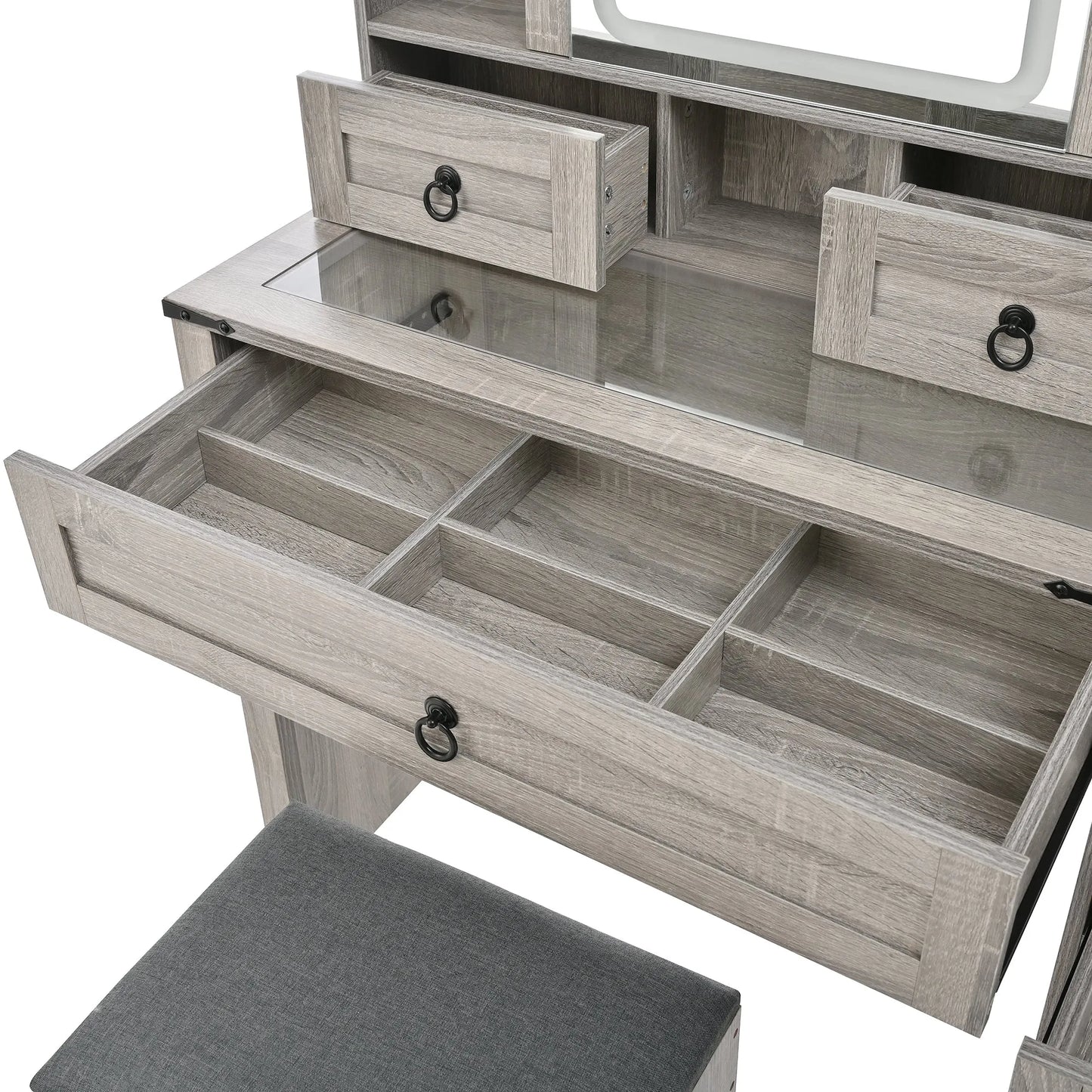 Farmhouse Vanity Desk with Sliding Mirror and Lights, Vanity Set with Glass Top and Charging Station ,Dressing Table with 4 Drawers and 2 Cabinets – view 18