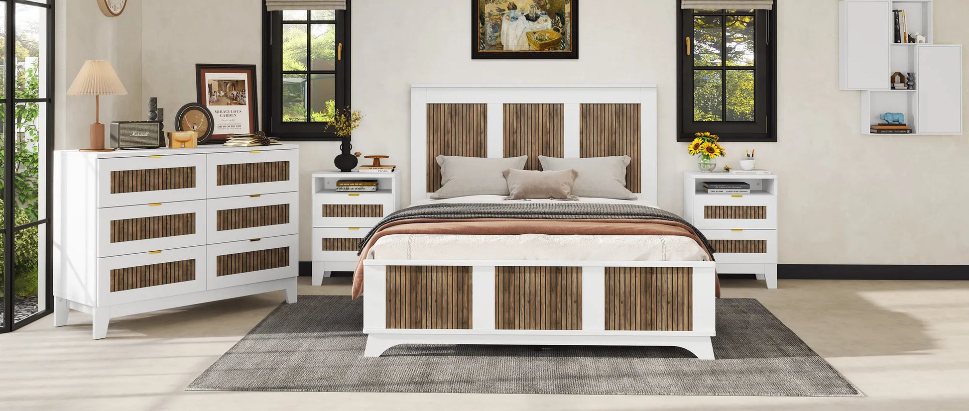 4-Pieces Bedroom Sets, Queen Size Farmhouse Platform Bed with Wooden Strip Stickers Decoration, Storage Nightstand and Dresser with Metal Handle – view 18