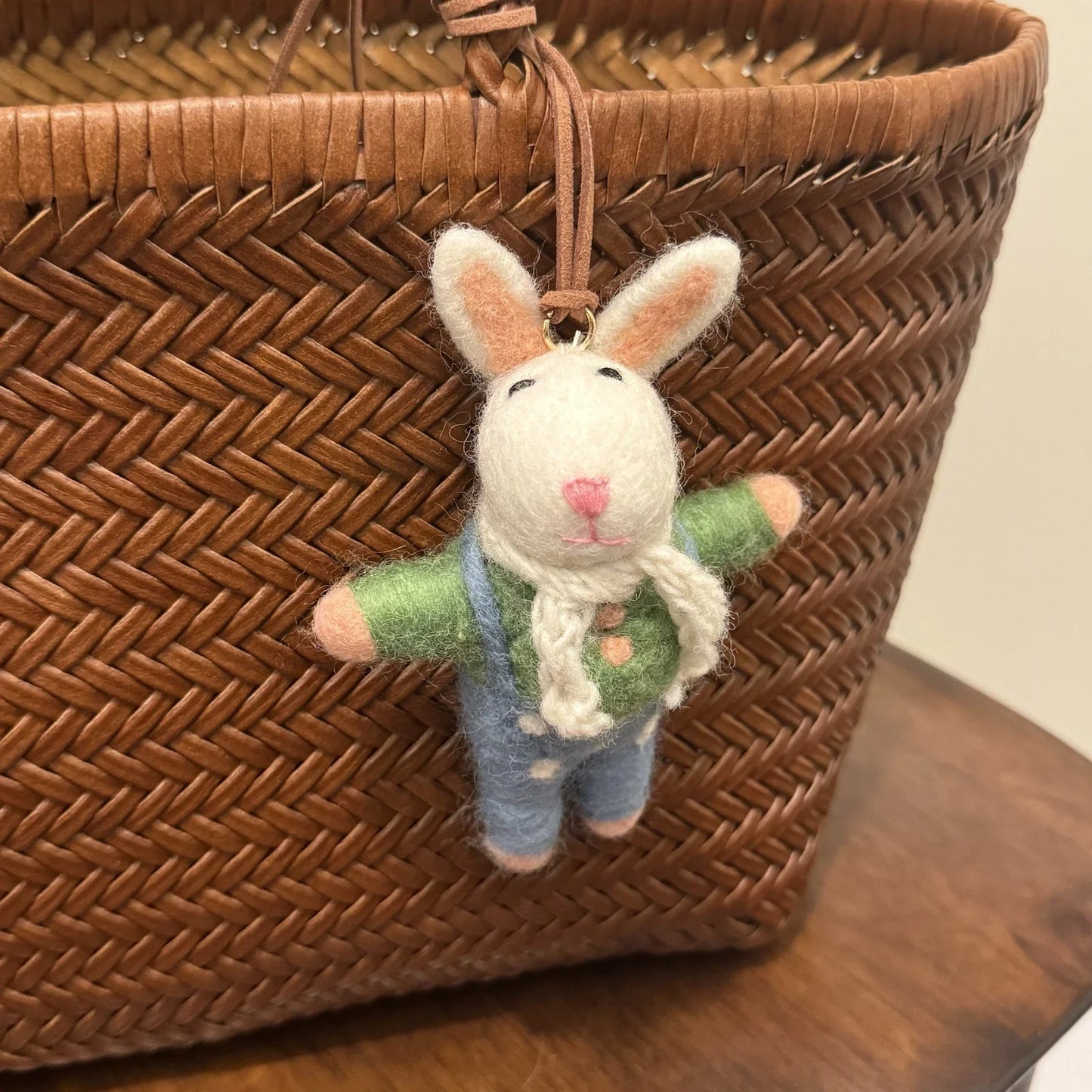 rabbit overalls handmade wool felt bag charm