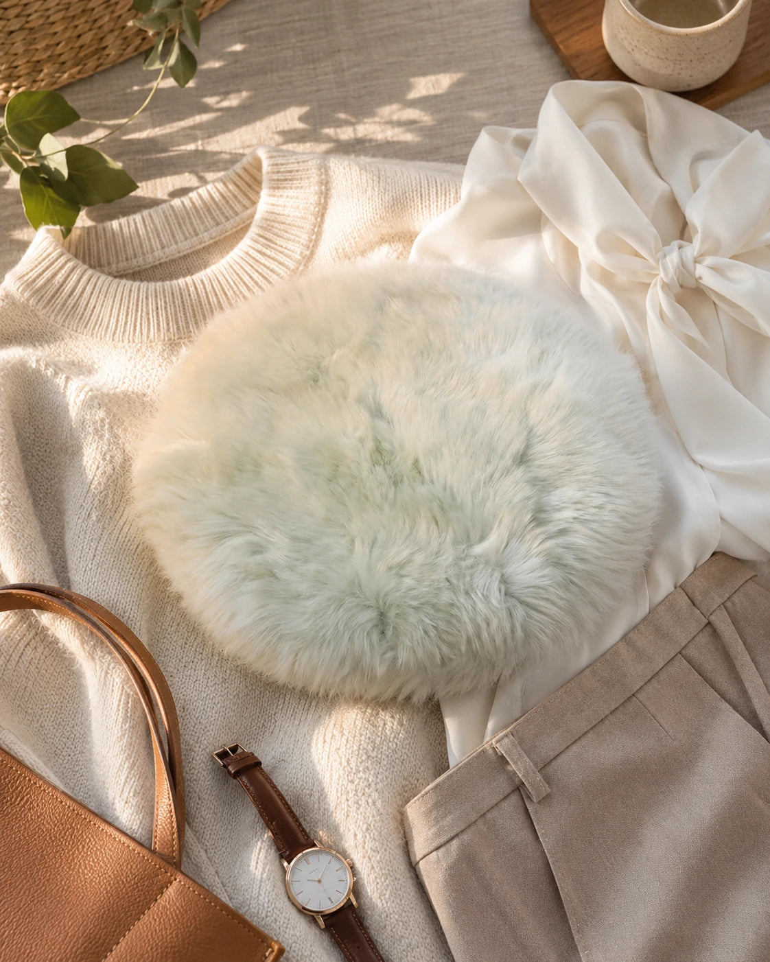 Sage Green genuine long-wool sheepskin round chair pad with spring wardrobe pieces