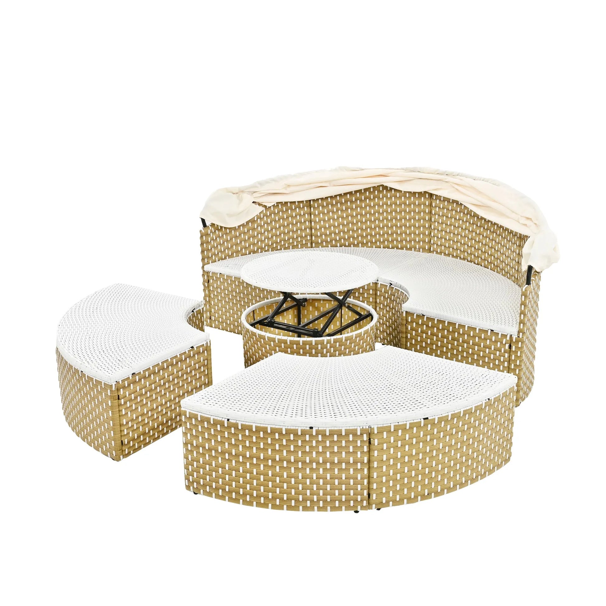 Patio Furniture Round Outdoor Sectional Sofa Set Rattan Daybed Two-Tone Weave Sunbed with Retractable Canopy, Separate Seating and Removable Cushion – view 18