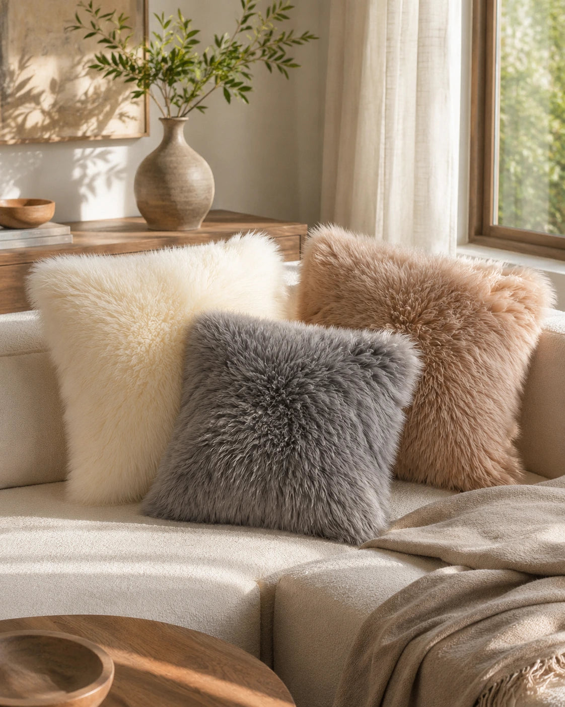 Australian wool pillows styled together on a neutral sofa