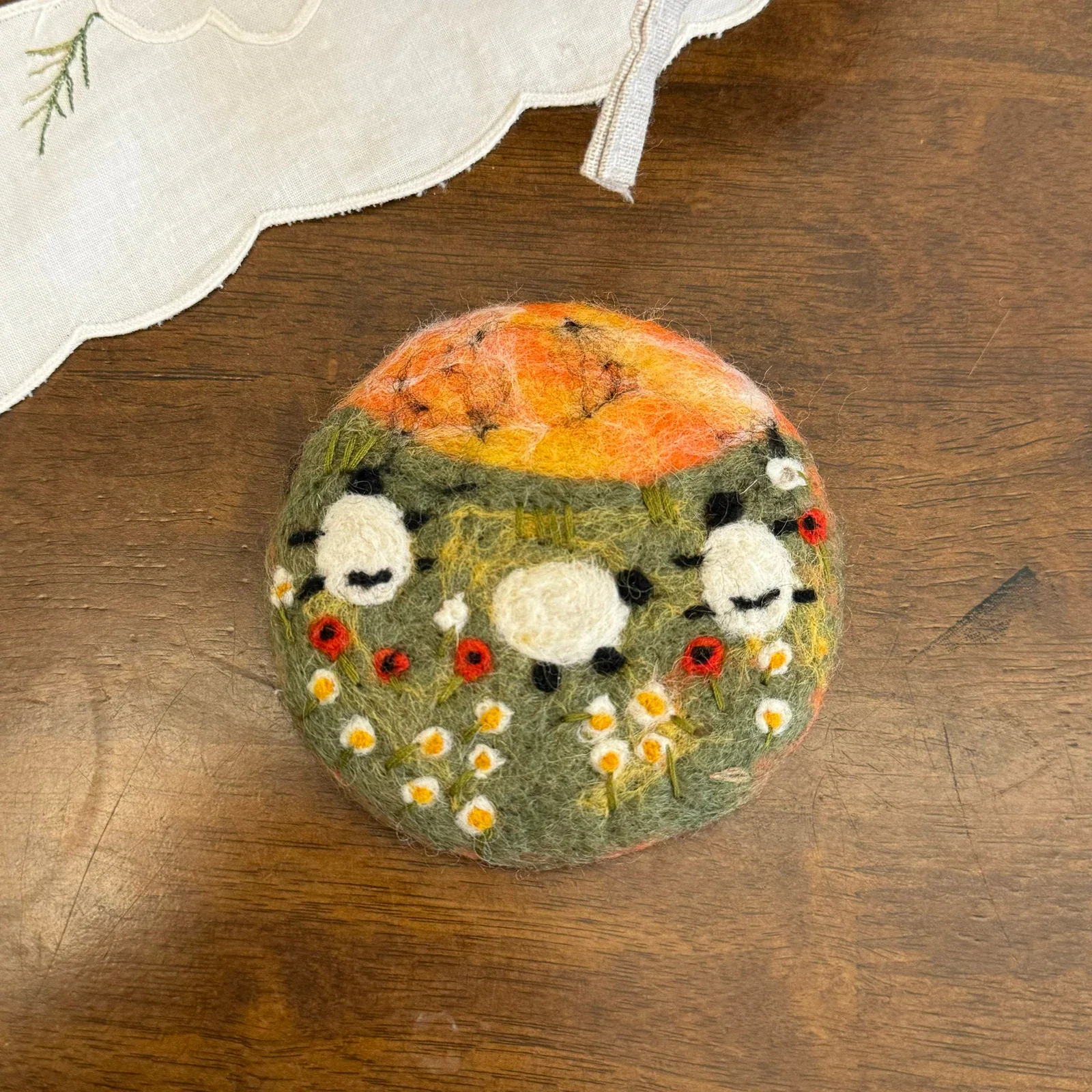 Handmade sunset 10 cm wool felt coaster