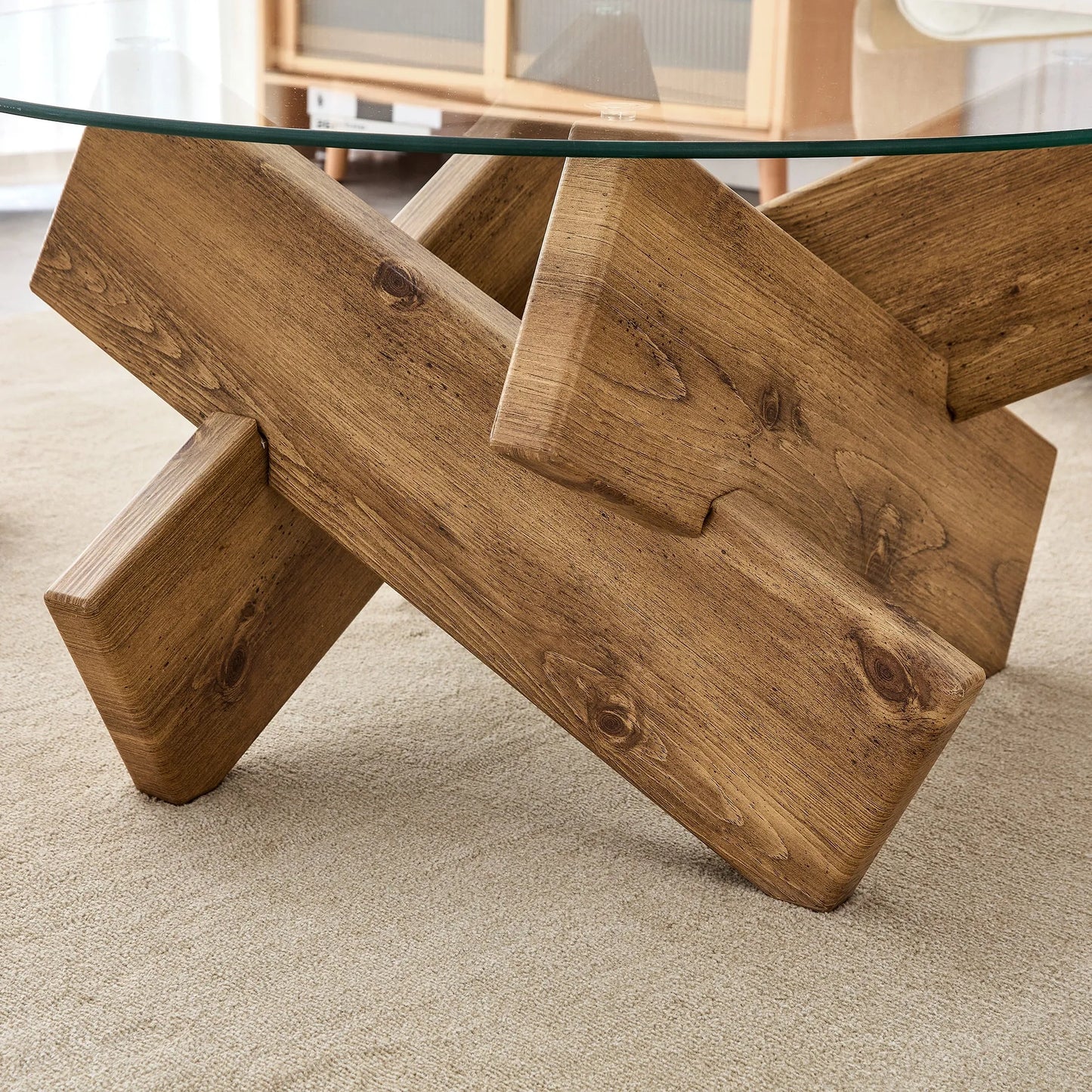Circular glass coffee table, 33.4-inch modern and distinctive design tea table. Tempered glass countertop, wood colored MDF table legs. Suitable for – view 18