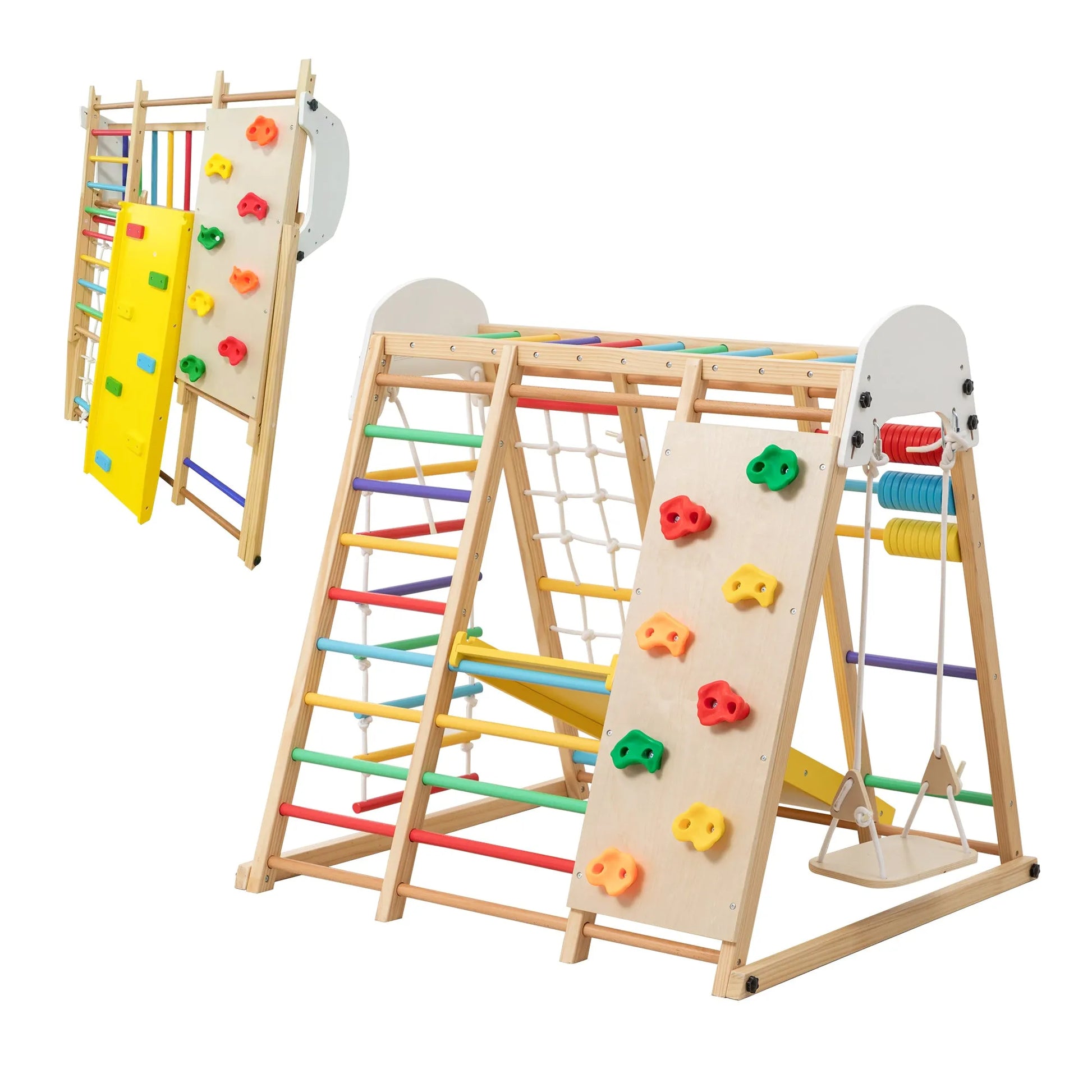 9-in-1 Foldable Kids Climbing Frame & Slide, Wooden Toddler Playground with Swing, Monkey Bars, Climbing Rock, Abacus Game – Indoor Outdoor Playset – view 18