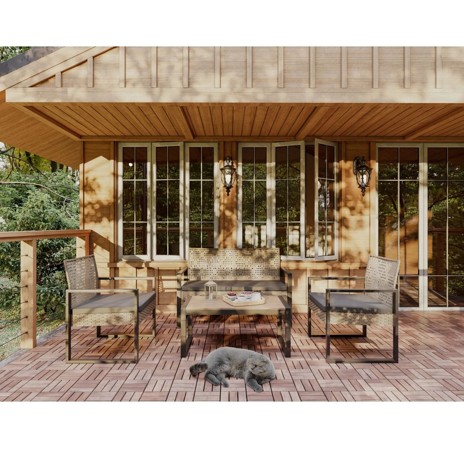 Modern Outdoor 4-Piece Patio Furniture Set with Acacia Wood Table Top, Black and Light Brown – view 18