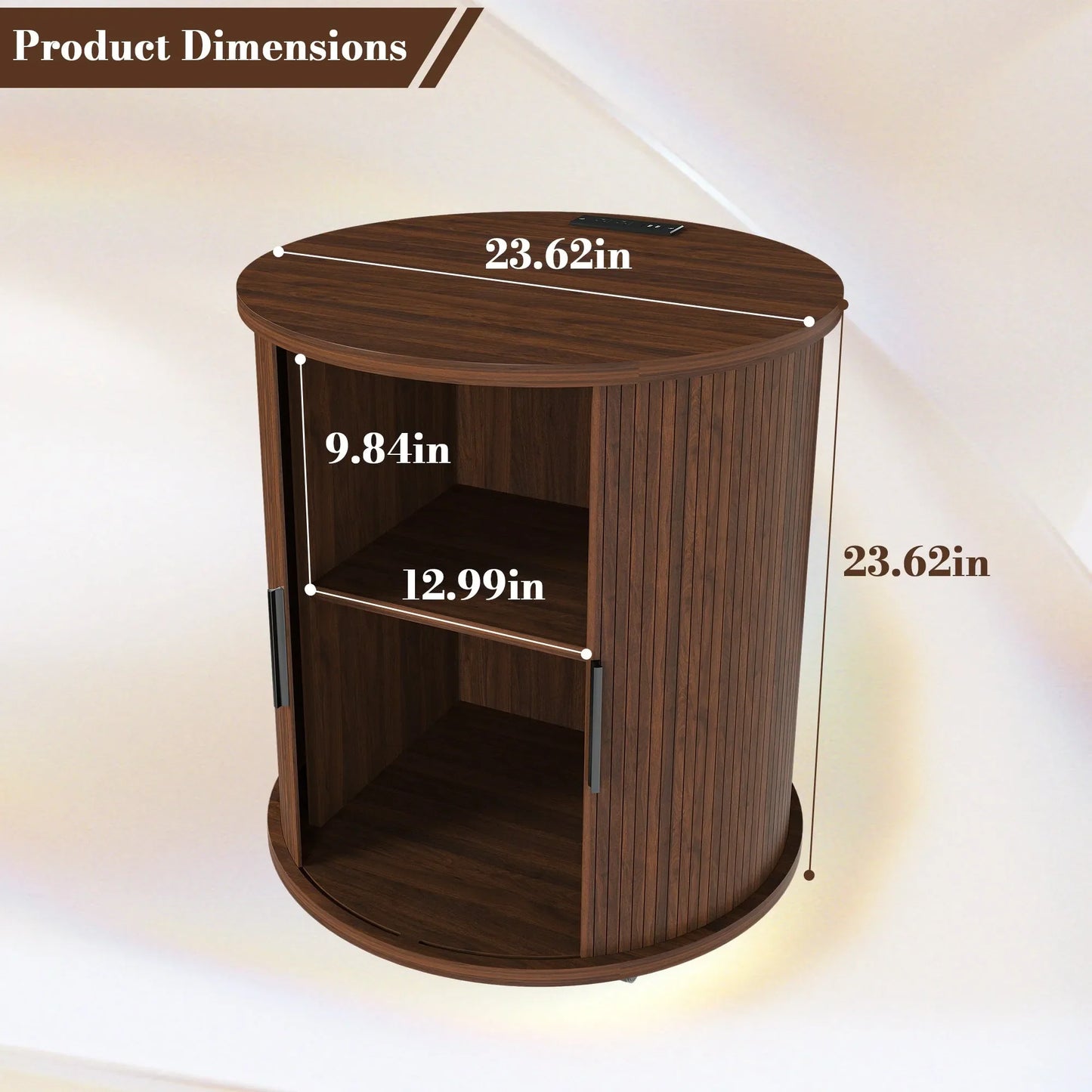 Mid Century Modern Cylinder End Table with Built-in Charging Station & Sliding Door, 2-Tier Storage Round Nightstand with USB Ports, Walnut Bedside – view 18