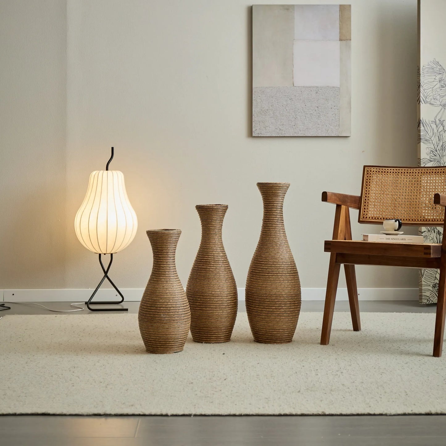 3-Piece Artificial Rattan Floor Vase Set – Decorative Accent for Living Room, Hallway & Entryway, Ideal for Dried or Silk Flower Arrangements, Beige – view 18