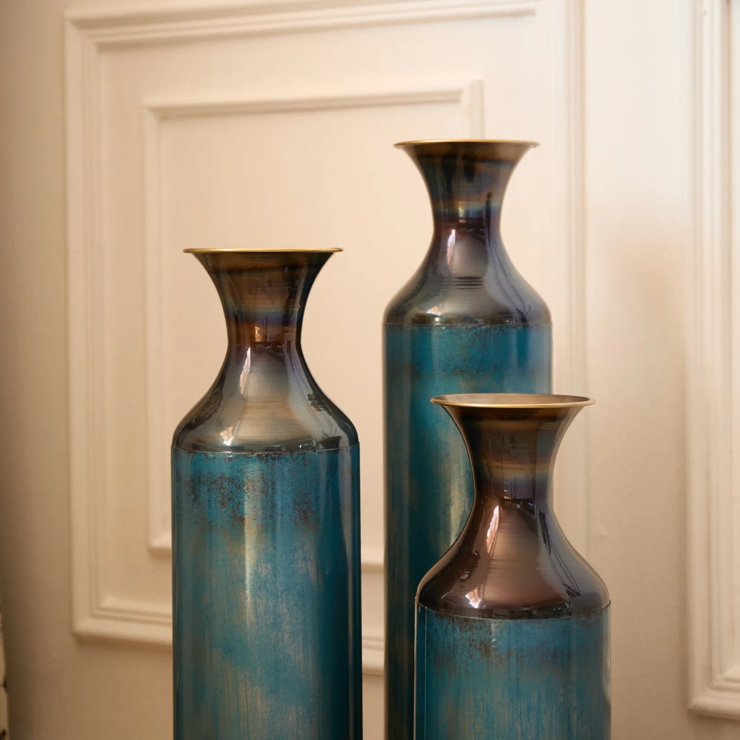 Modern Droplet-Shaped Floor Vase Set – Aqua Blue Glazed Metal Decorative Vases – 3-Piece Home Decor in 20.4 In, 24.4 In & 28.34 In Heights – view 18