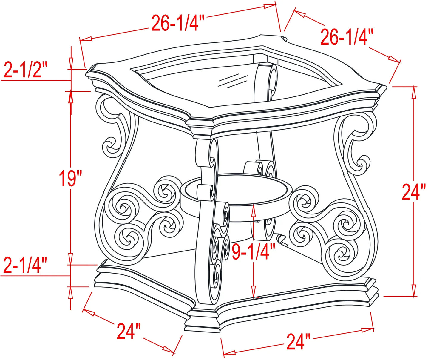 End table, Glass table top, MDF W/marble paper middle shelf, powder coat finish metal legs. (26.3'Lx26.3'Wx24'H) – view 18