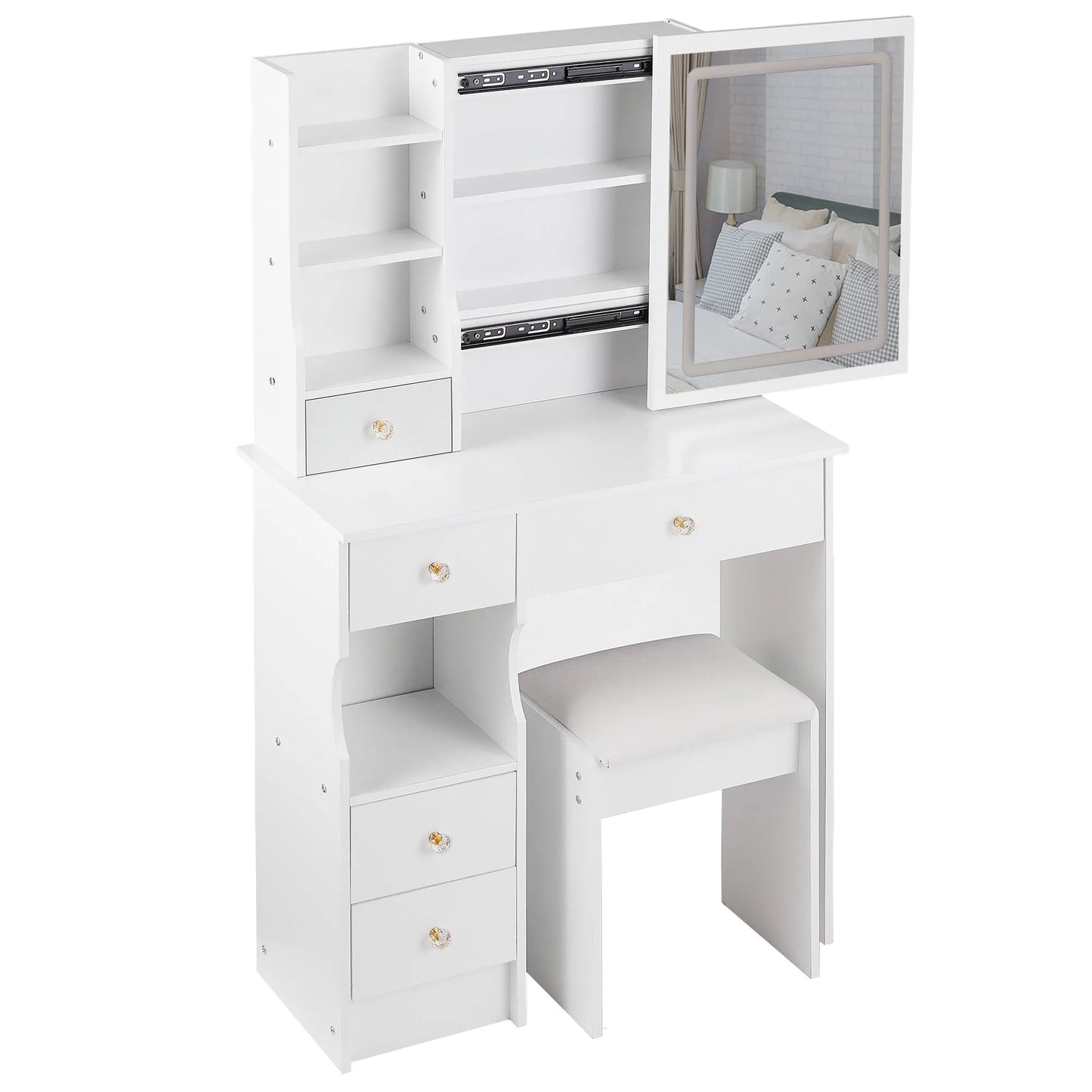 29.2' Small Size Left Drawer Desktop Vanity Table + Cushioned Stool, Large Sliding, Touch Control, Tri-color Switching, Brightness Adjust LED Mirror – view 18